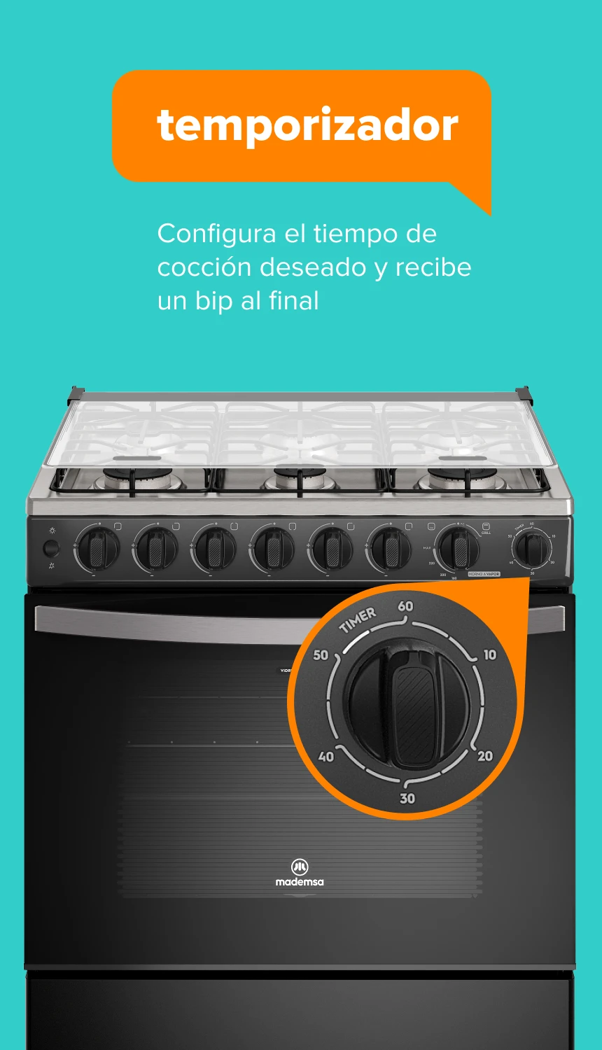 timer. Configura el tiempo de cocción deseado y recibe un bip al final