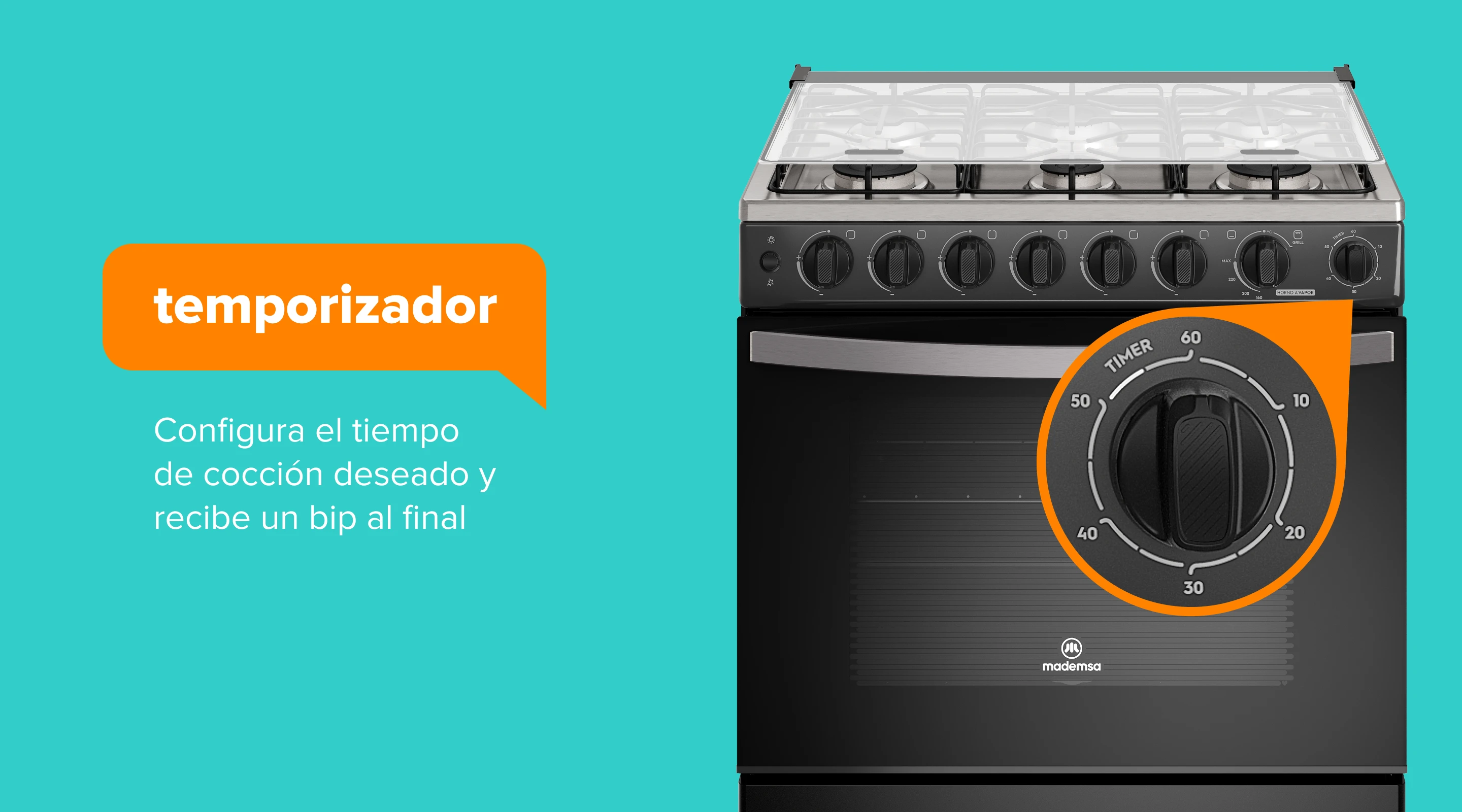timer. Configura el tiempo de cocción deseado y recibe un bip al final