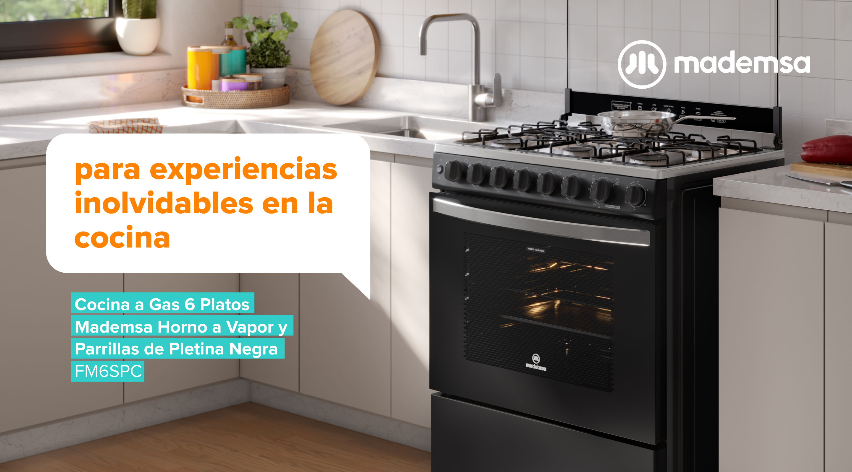 Para experiencias inolvidables en la cocina. Cocina a Gas 4 Platos Mademsa Horno a Vapor y Timer Gris FM6SPC