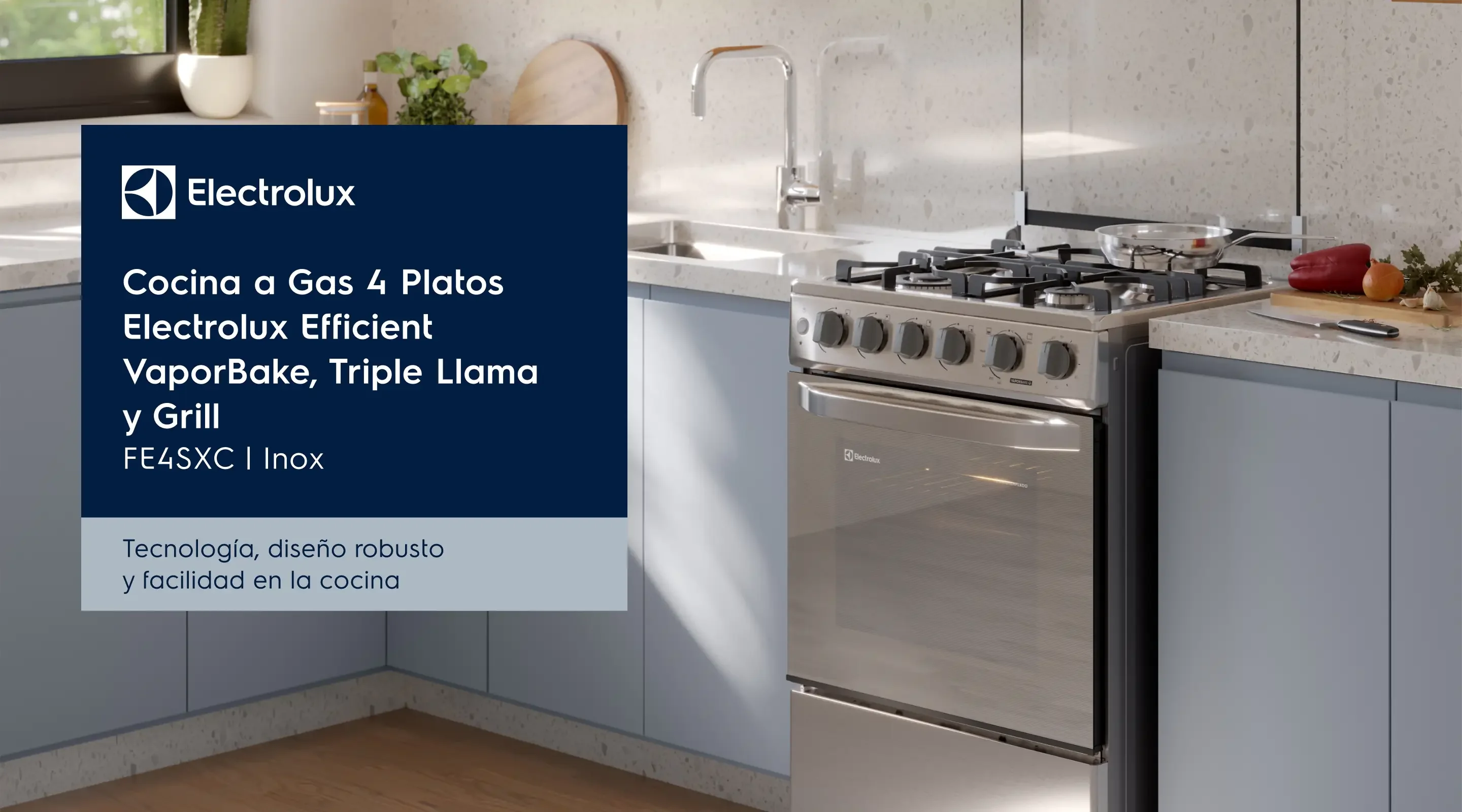 Cocina a Gas 4 Platos Electrolux Efficient VaporBake, Triple Llama y Grill FE4SXC | Inox - Tecnología, diseño robusto y facilidad en la cocina