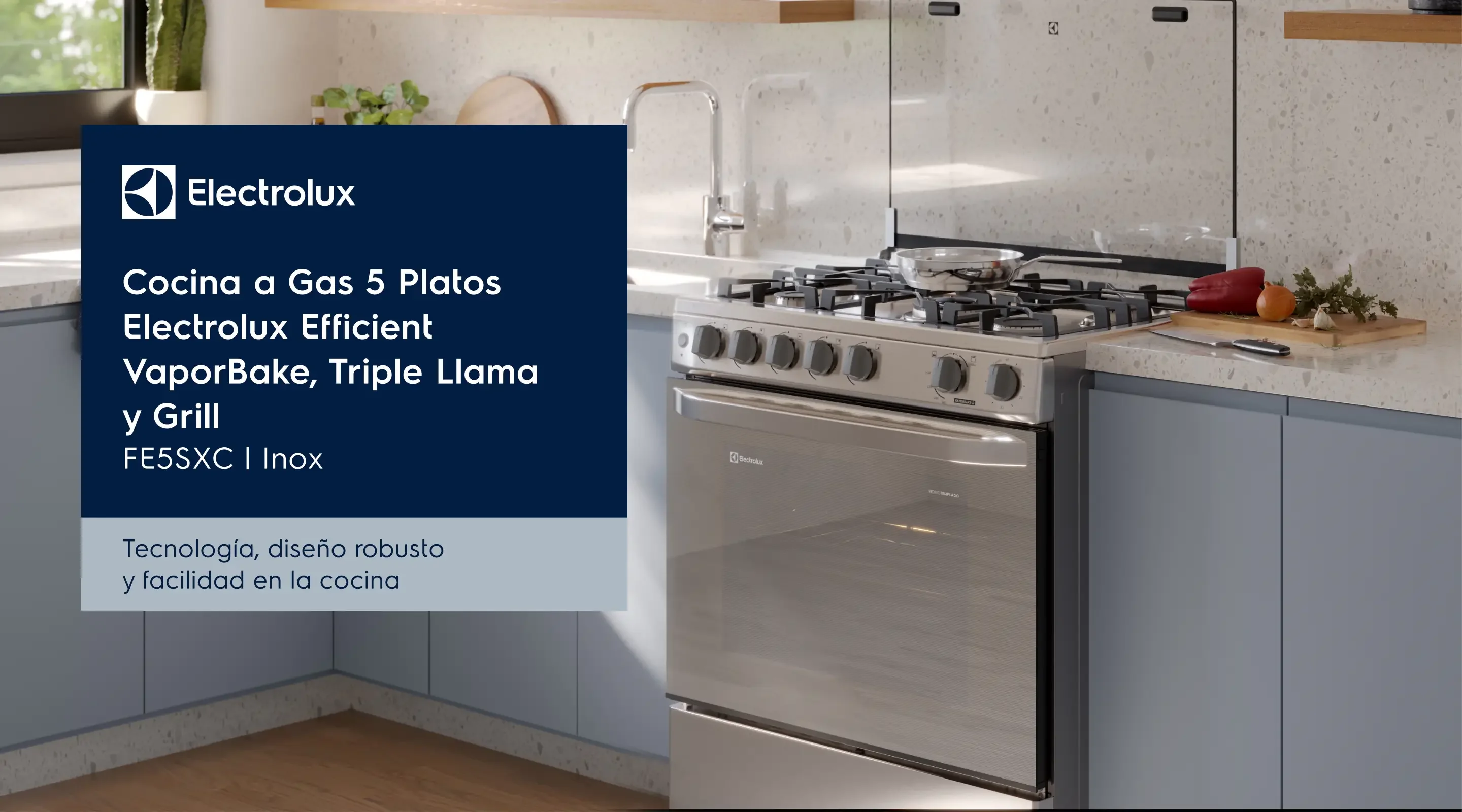 Cocina a Gas 5 Platos Electrolux Efficient VaporBake, Triple Llama y Grill FE5SXC | Inox - Tecnología, diseño robusto y facilidad en la cocina
