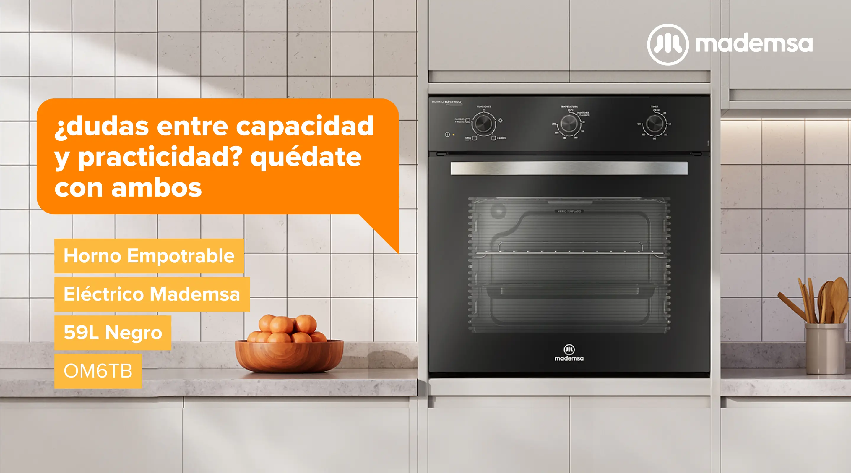 ¿Dudas entre capacidad y practicidad? Quédate con ambos - Horno Empotrable Eléctrico Mademsa 59L Negro OM6TB