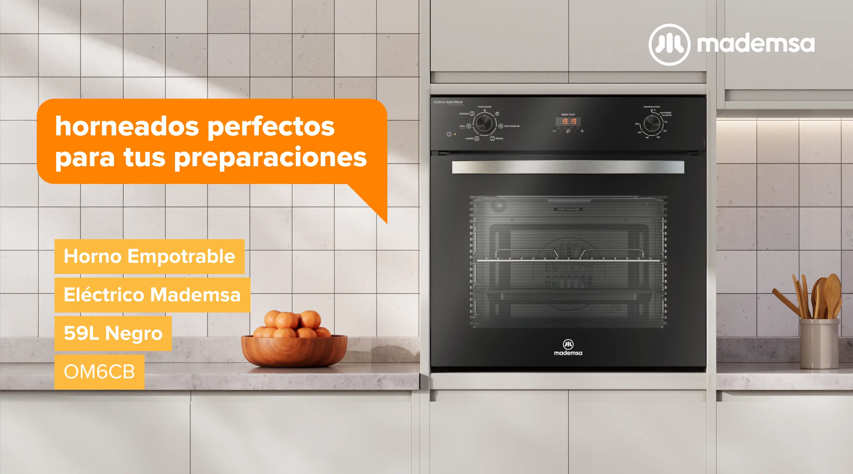 Horneados perfectos para tus preparaciones - Horno Empotrable Eléctrico Mademsa 59L Negro OM6CB
