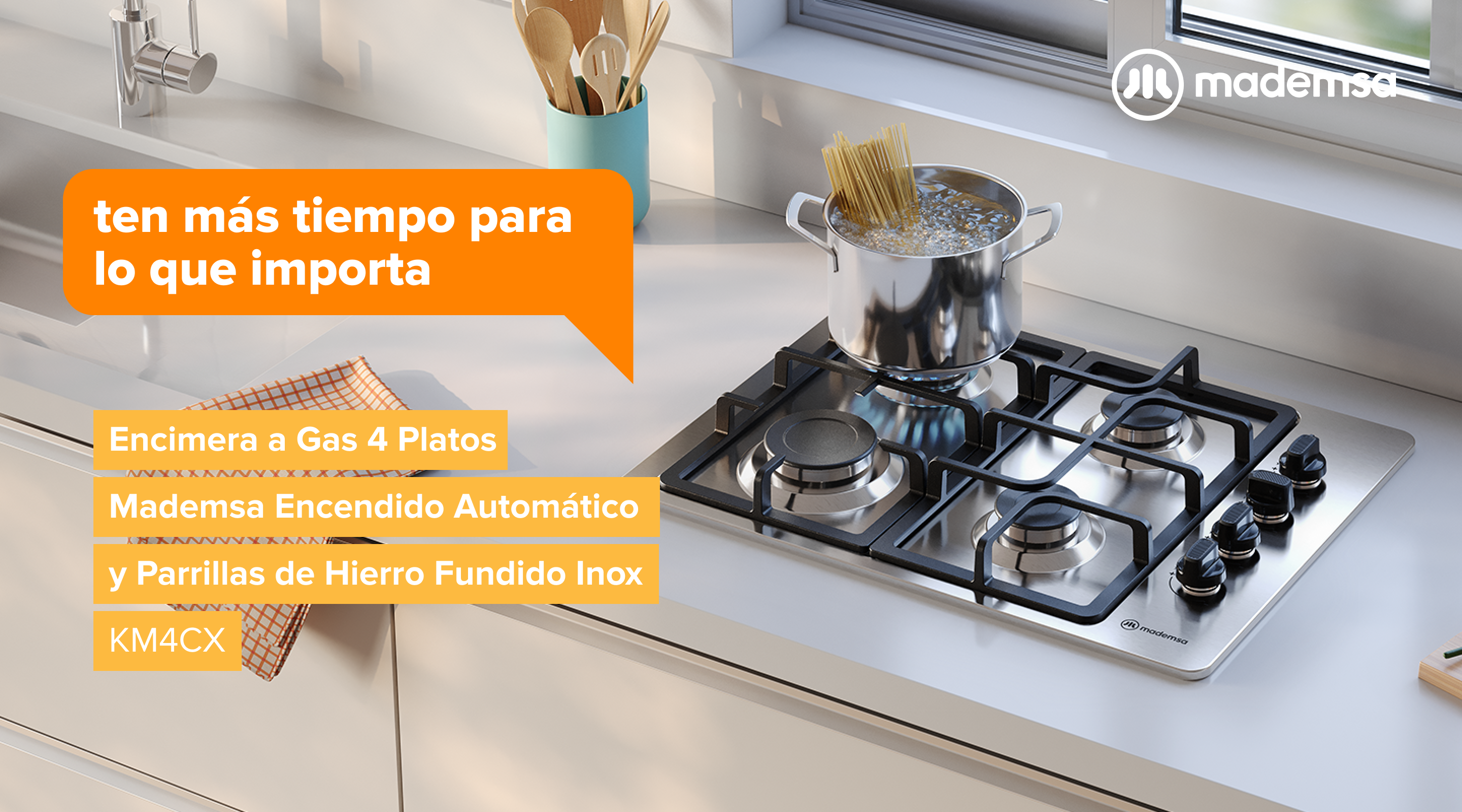 Ten más tiempo para lo que importa - Encimera a Gas 4 Platos Mademsa Triple Llama y Parrillas de Hierro Fundido Inox KM4CX