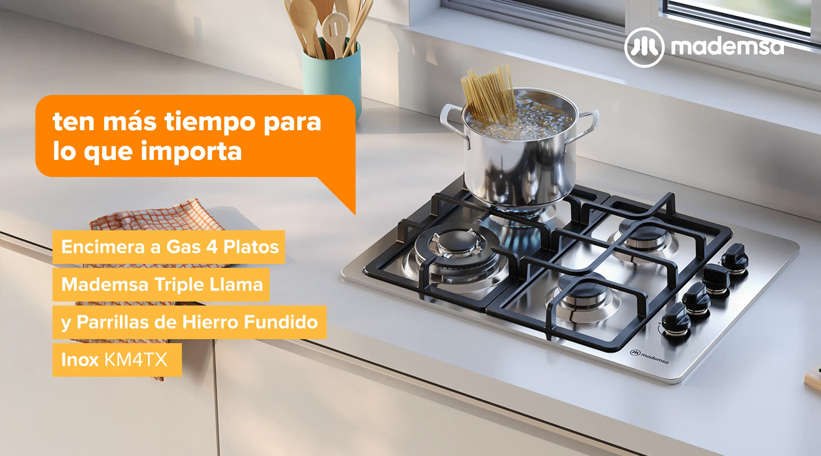 Ten más tiempo para lo que importa - Encimera a Gas 4 Platos Mademsa Triple Llama y Parrillas de Hierro Fundido Inox KM4TX