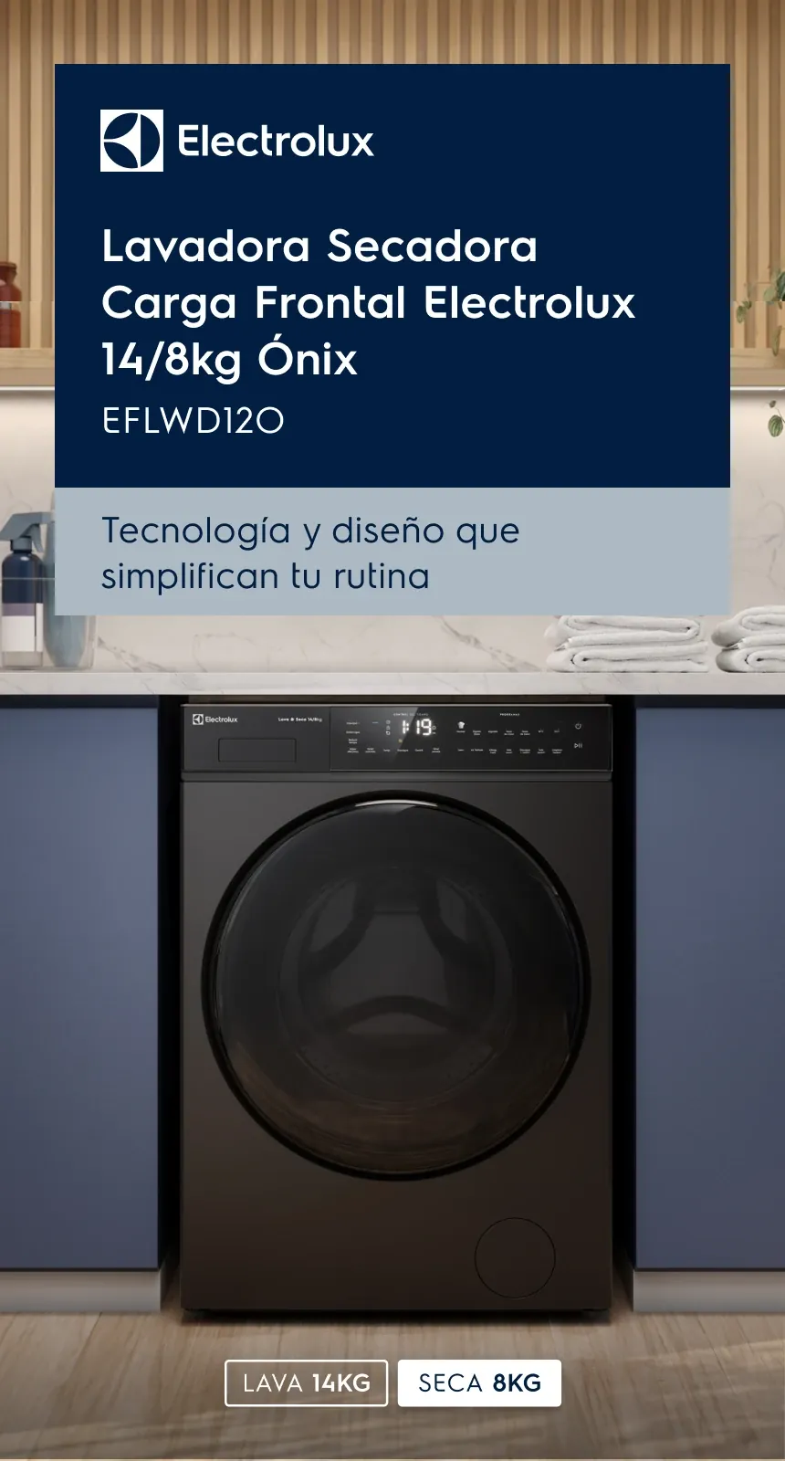 Lavadora Secadora Carga Frontal Electrolux 14/8kg Ónix - EFLWD12O - Tecnología y diseño que simplifican tu rutina