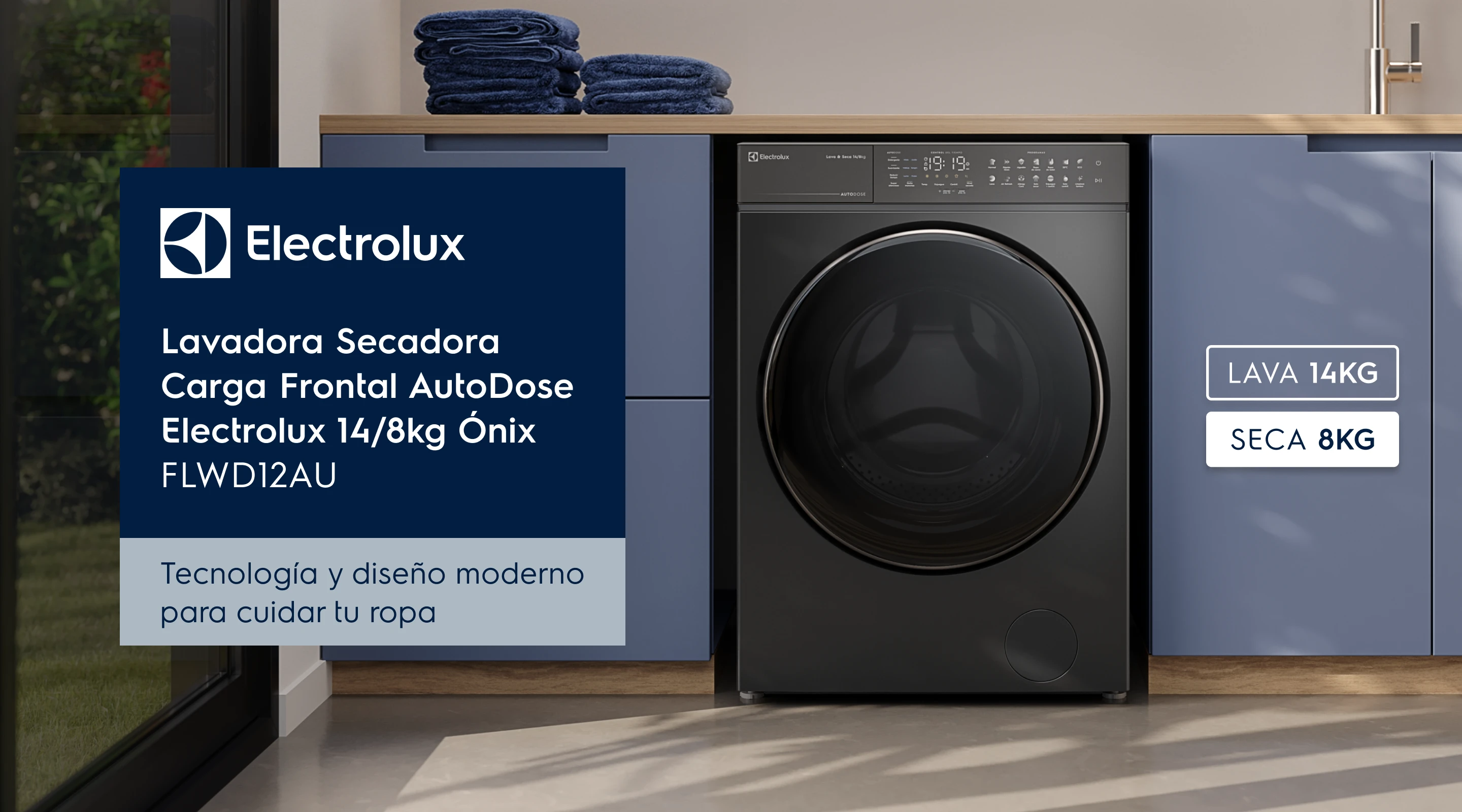 Lavadora Secadora Carga Frontal AutoDose Electrolux 14/8kg Ónix - FLWD12AU. Tecnología y diseño moderno para cuidar tu ropa