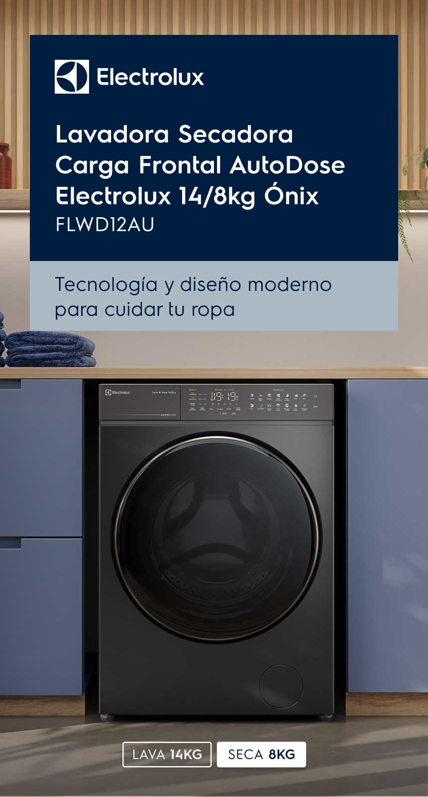 Lavadora Secadora Carga Frontal AutoDose Electrolux 14/8kg Ónix - FLWD12AU. Tecnología y diseño moderno para cuidar tu ropa