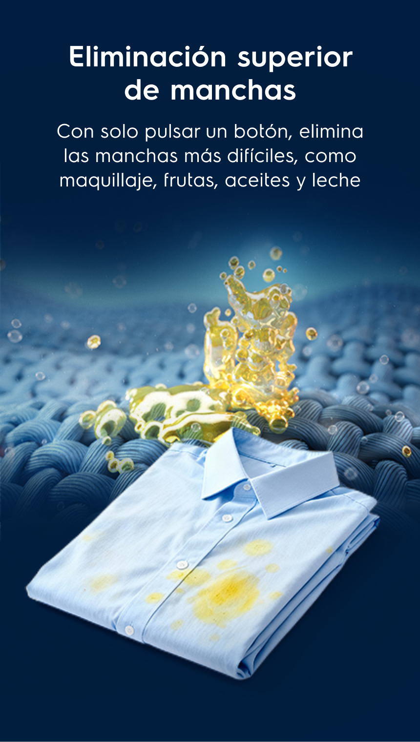 Con solo pulsar un botón, elimina las manchas más difíciles, como maquillaje, frutas, aceites y sangre - Con solo pulsar un botón, elimina las manchas más difíciles, como maquillaje, frutas, aceites y sangre