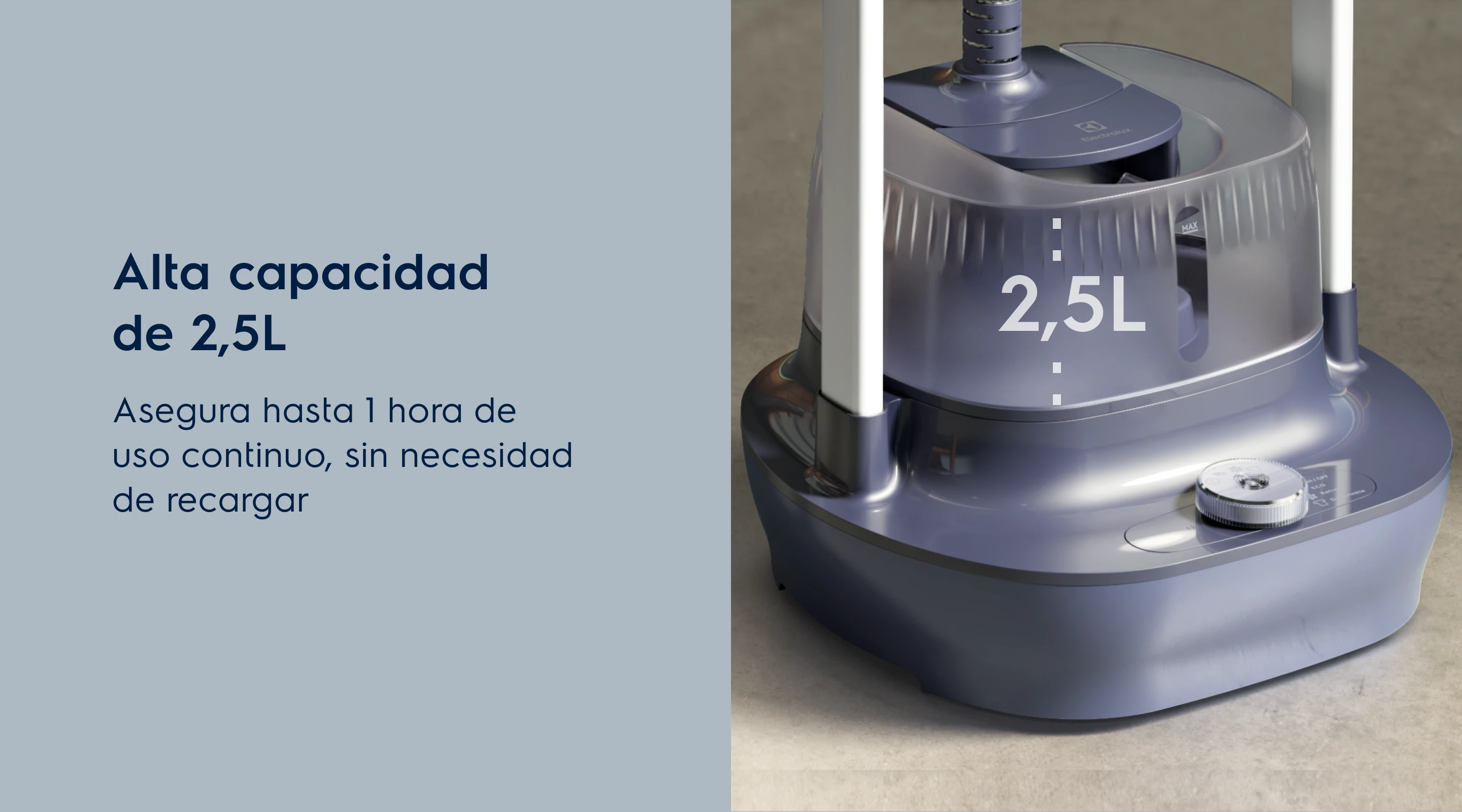 Alta capacidad de 2,5L - Asegura hasta 1 hora de uso continuo, sin necesidad de recargar