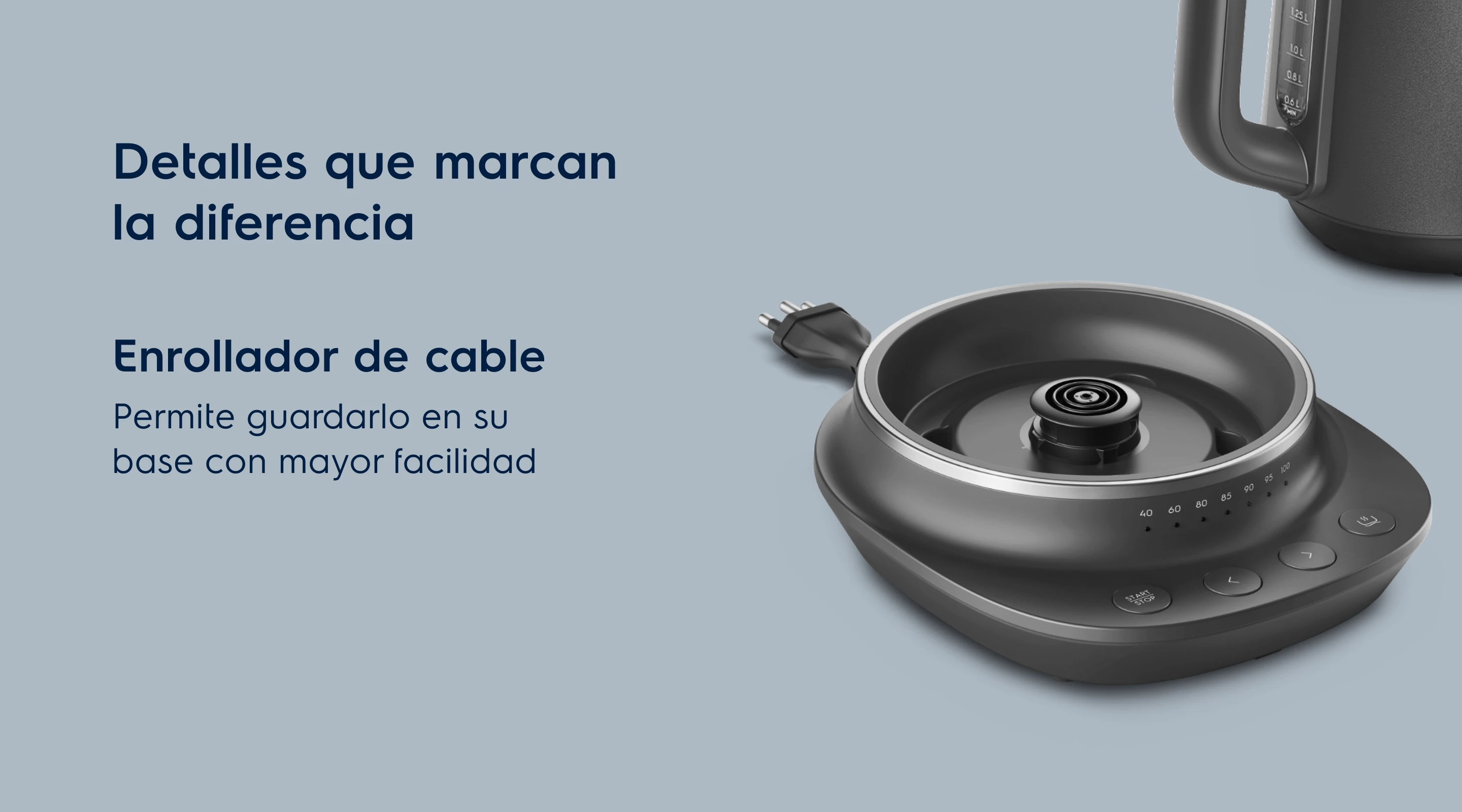 Detalles que marcan la diferencia. Enrollador de cable. Permite guardarlo en su base con mayor facilidad