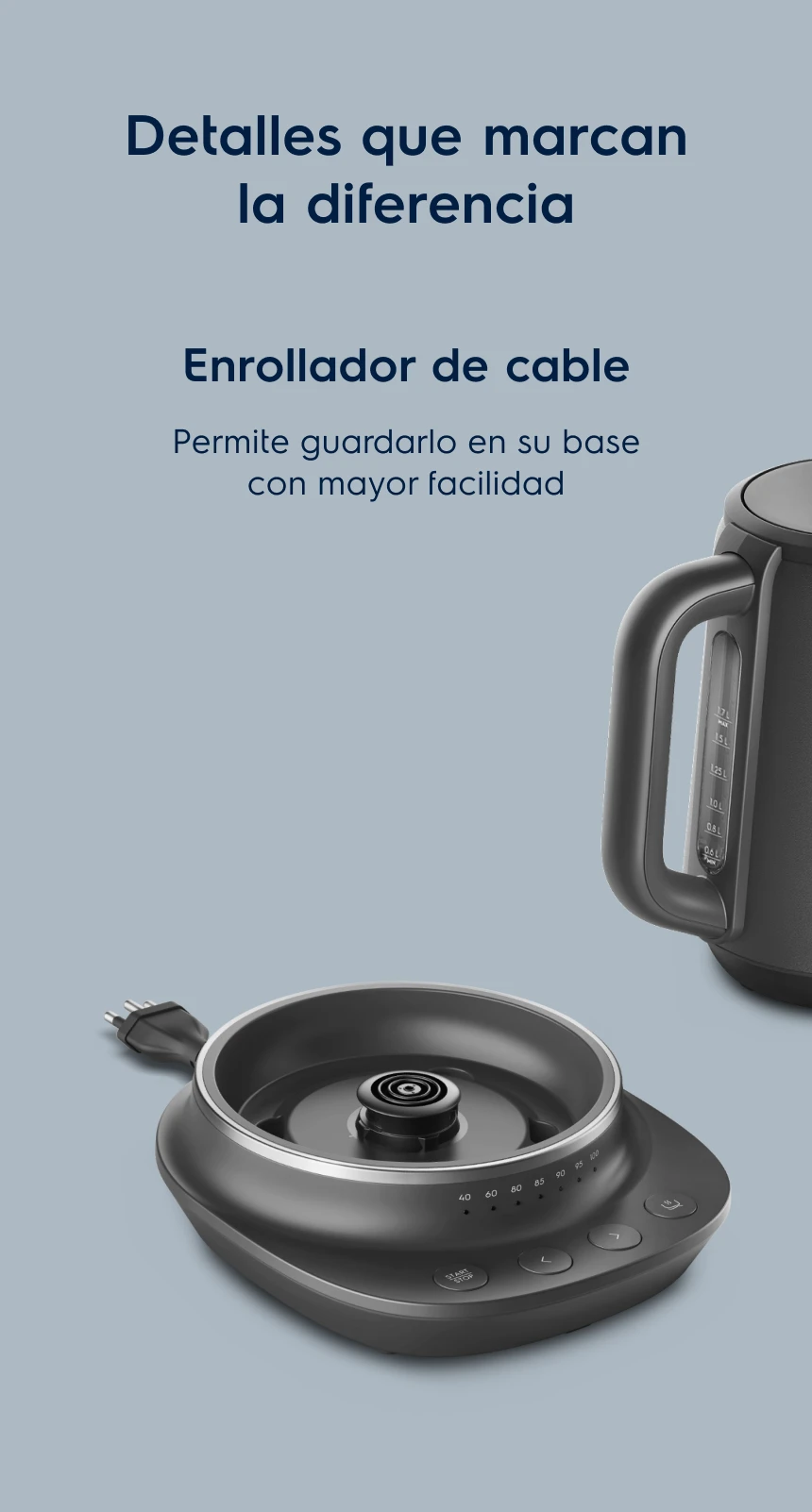 Detalles que marcan la diferencia. Enrollador de cable. Permite guardarlo en su base con mayor facilidad
