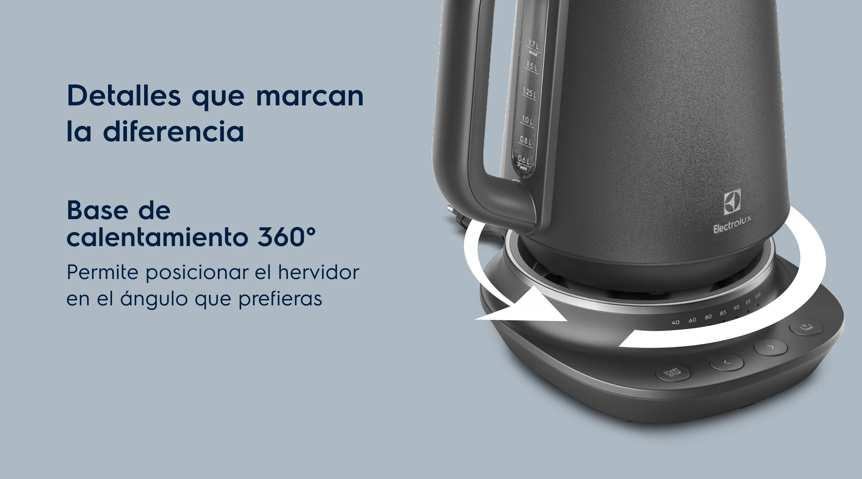 Detalles que marcan la diferencia. Base de calentamiento 360°. Permite posicionar el hervidor en el ángulo que prefieras