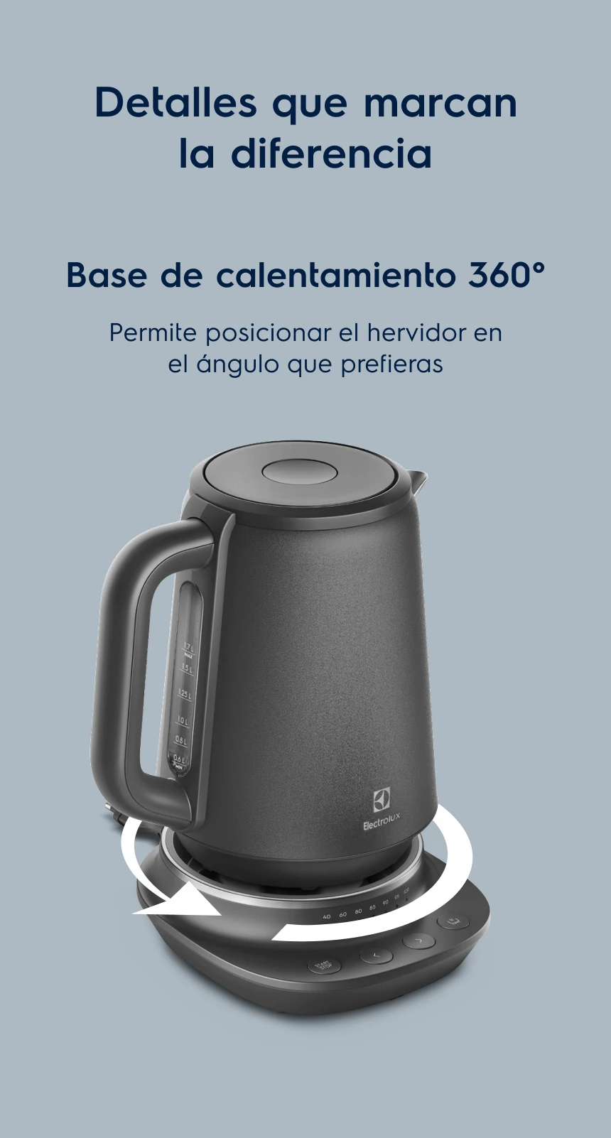 Detalles que marcan la diferencia. Base de calentamiento 360°. Permite posicionar el hervidor en el ángulo que prefieras