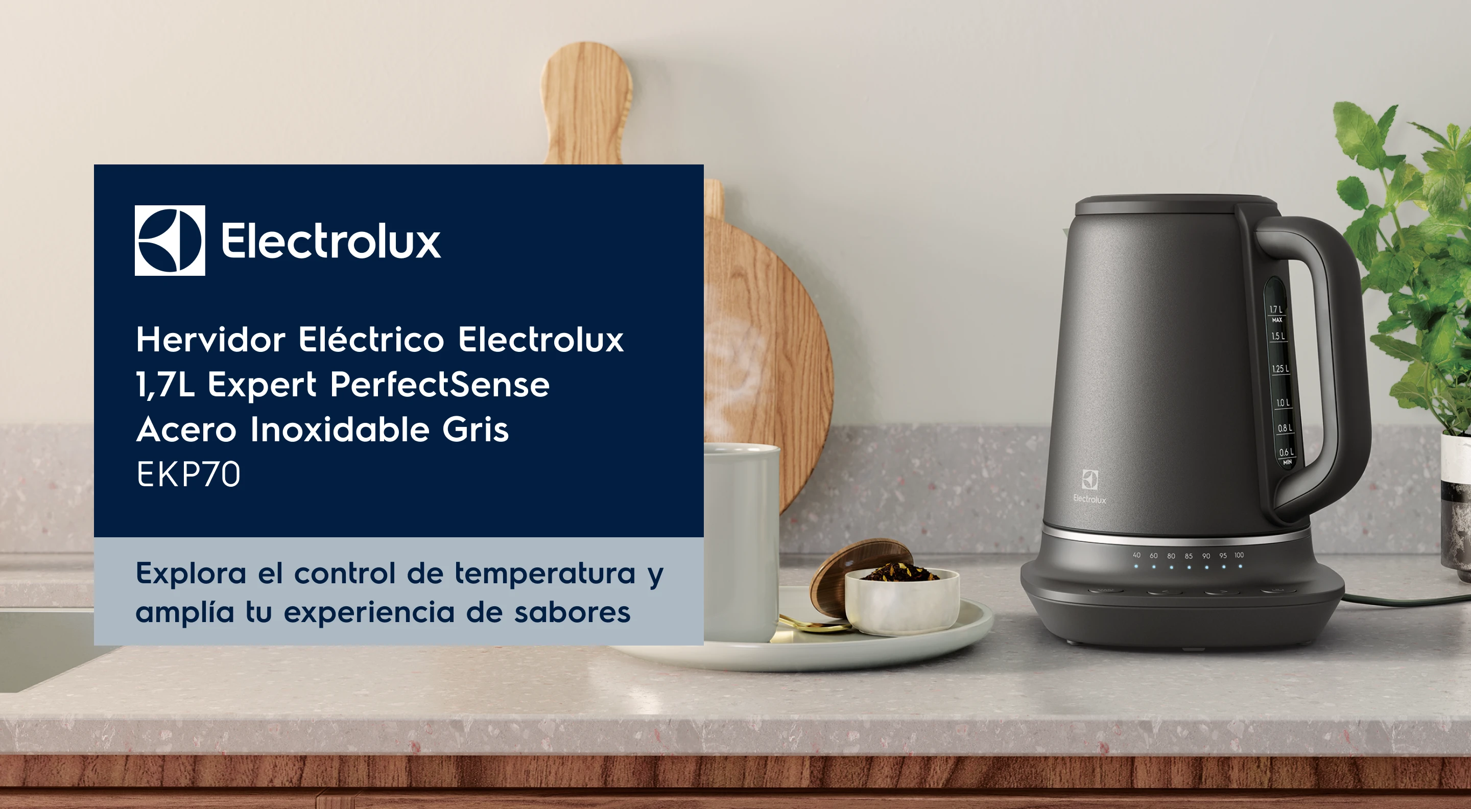 Hervidor Eléctrico Electrolux 1,7L Expert PerfectSense Acero Inoxidable EKP70. Explora el control de temperatura y amplía tu experiencia de sabores