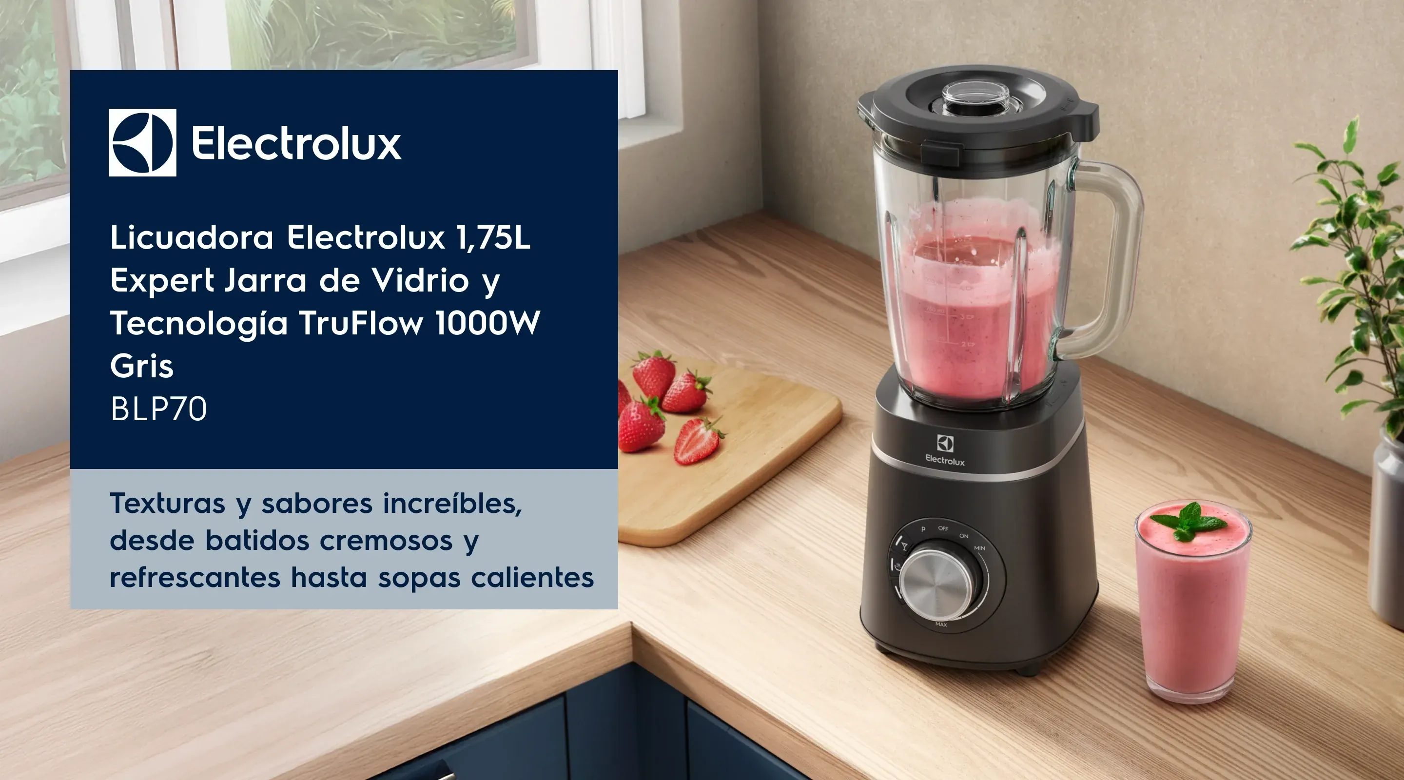 Electrolux: Licuadora Electrolux 1,75L Expert Jarra de Vidrio y Tecnología TruFlow 1000W Negra BLP70. Texturas y sabores increíbles, desde batidos cremosos y refrescantes hasta sopas calientes.