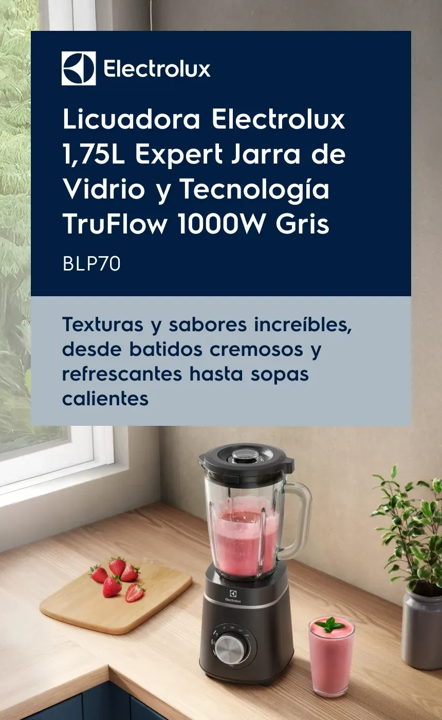 Electrolux: Licuadora Electrolux 1,75L Expert Jarra de Vidrio y Tecnología TruFlow 1000W Negra BLP70. Texturas y sabores increíbles, desde batidos cremosos y refrescantes hasta sopas calientes.
