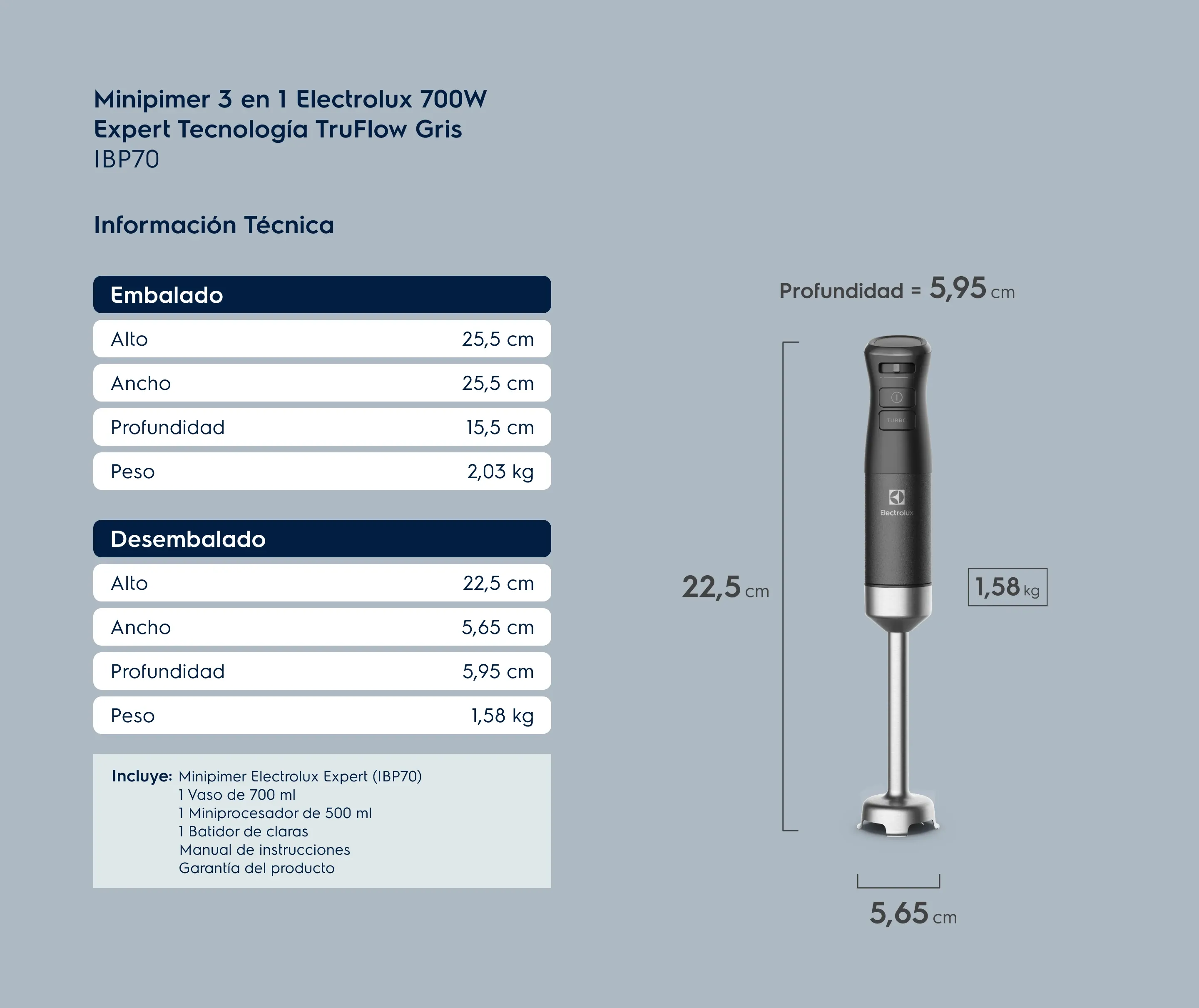 Minipimer 3 en 1 Electrolux 700W Expert Tecnología TruFlow Negra IBP70. Información Técnica. Embalado: Alto 25,5 cm, Ancho 25,5 cm, Profundidad 15,5 cm, Peso 2,03 kg. Desembalado: Alto 22,5 cm, Ancho 5,65 cm, Profundidad 5,95 cm, Peso 1,58 kg. Incluye: Minipimer Electrolux Expert (IBP70), 1 Vaso de 700 ml, 1 Miniprocesador de 500 ml, 1 Batidor de claras, Manual de instrucciones e Garantía del producto.