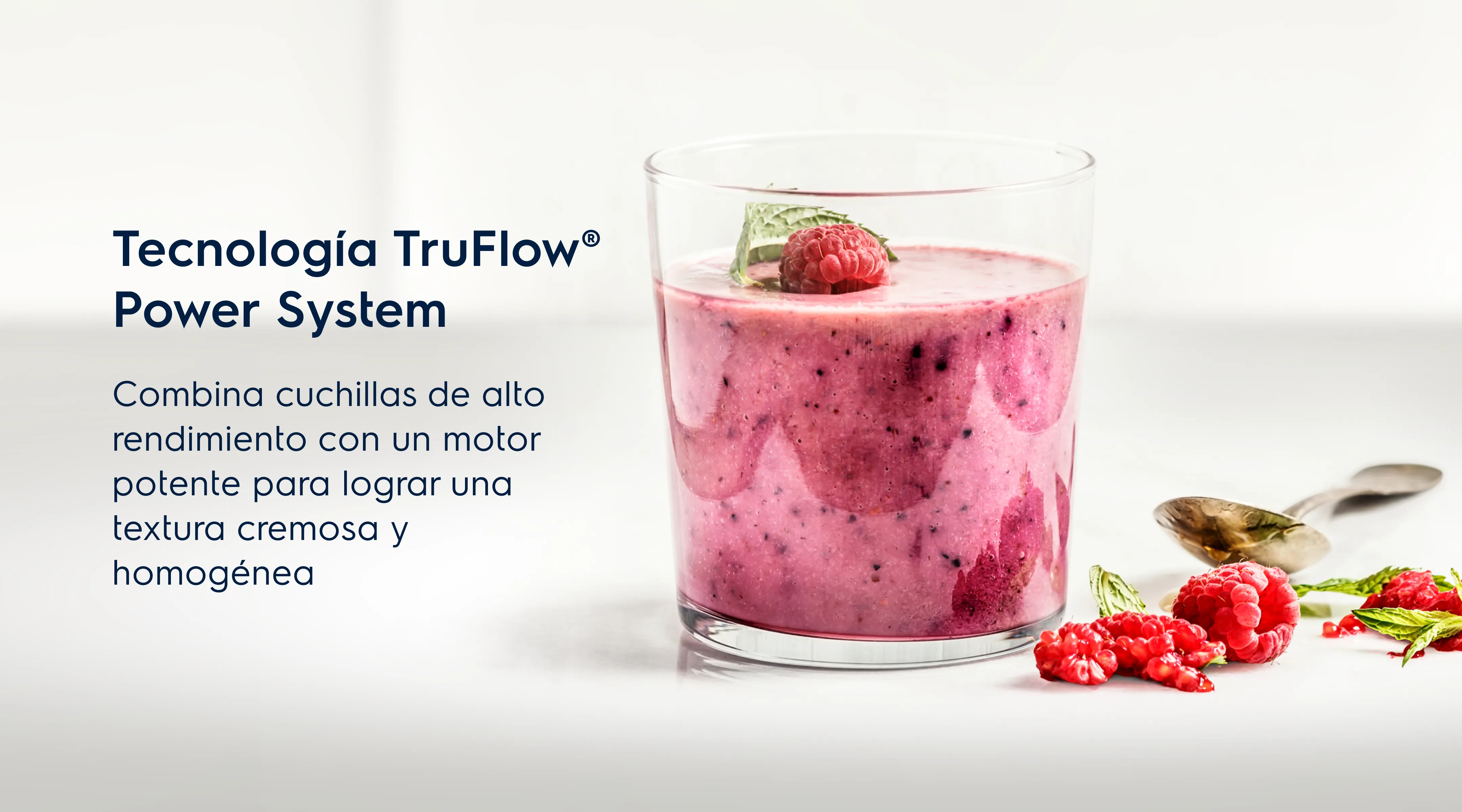 Tecnología TruFlow® Power System. Combina cuchillas de alto rendimiento con un motor potente para lograr una textura cremosa y homogénea