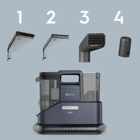 Consulta los accesorios de tu producto. 1. Boquilla para Vidrios; 2. Boquilla para Tapizados; 3. Boquilla 3 en 1; 4. Boquilla Autolimpieza