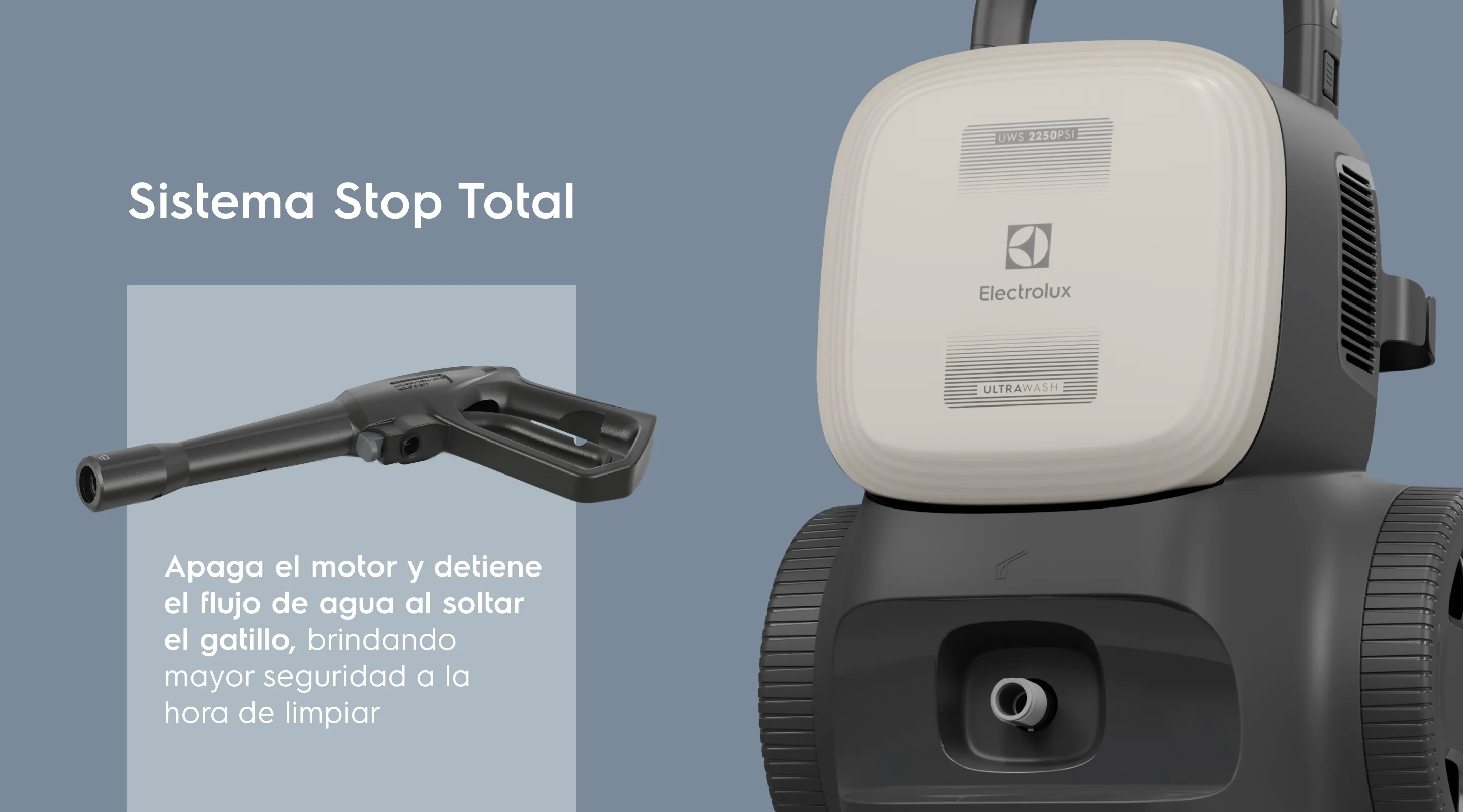 Sistema Stop Total - Apaga el motor y detiene el flujo de agua al soltar el gatillo, brindando mayor seguridad a la hora de limpiar