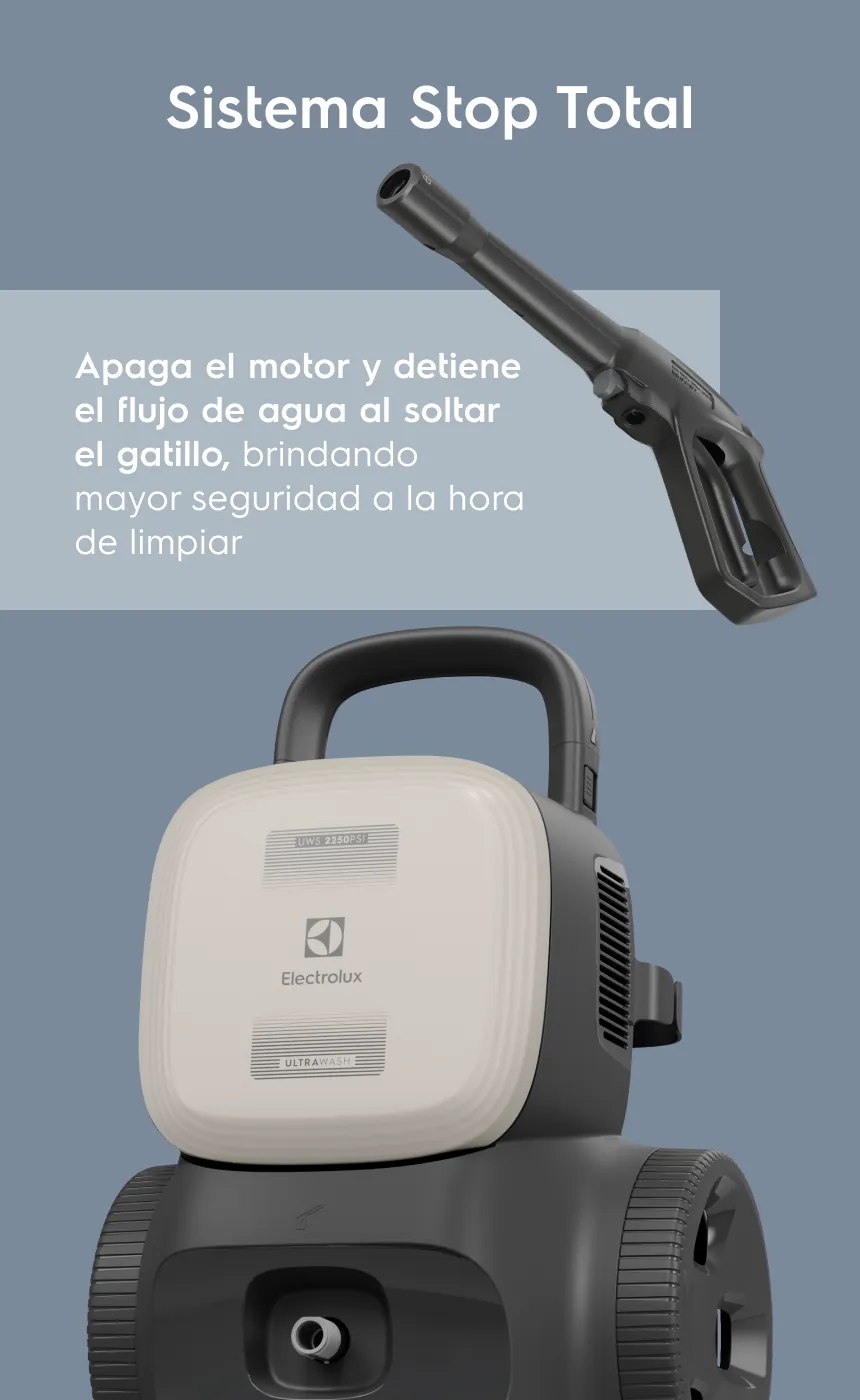 Sistema Stop Total - Apaga el motor y detiene el flujo de agua al soltar el gatillo, brindando mayor seguridad a la hora de limpiar