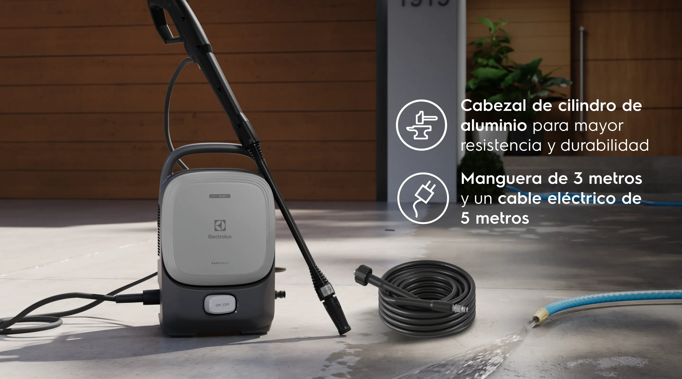 Cabezal de cilindro de aluminio para mayor resistencia y durabilidad Manguera de 3 metros y un cable eléctrico de 5 metros