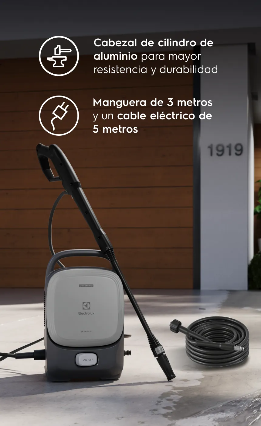 Cabezal de cilindro de aluminio para mayor resistencia y durabilidad Manguera de 3 metros y un cable eléctrico de 5 metros