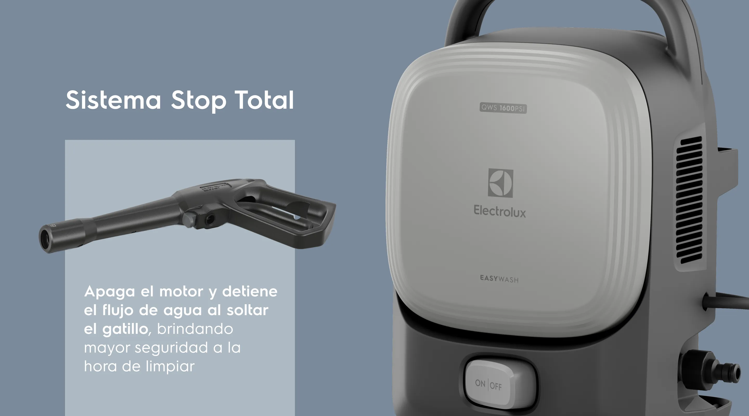 Sistema Stop Total - Apaga el motor y detiene el flujo de agua al soltar el gatillo, brindando mayor seguridad a la hora de limpiar
