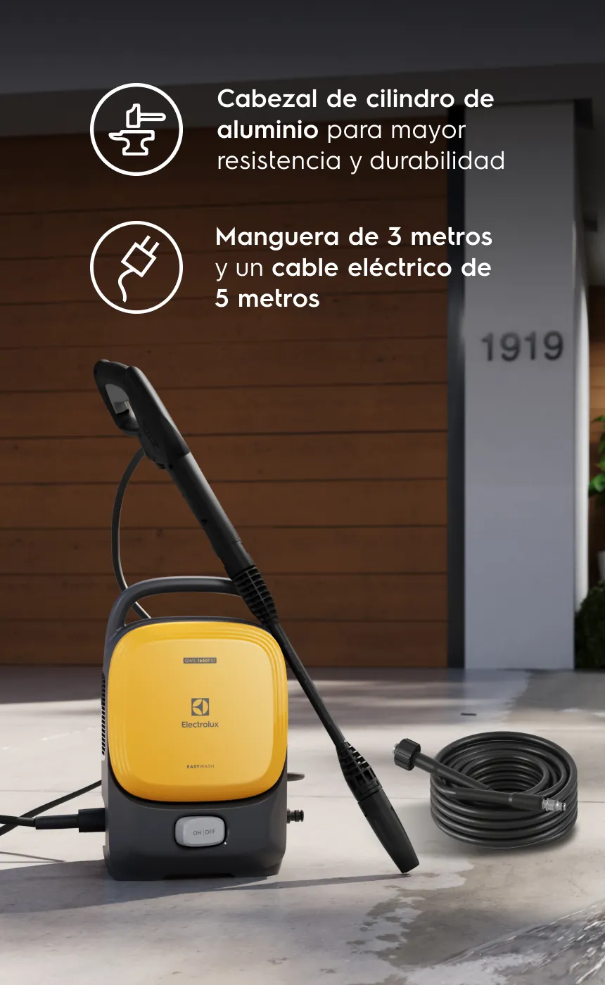 Cabezal de cilindro de aluminio para mayor resistencia y durabilidad Manguera de 3 metros y un cable eléctrico de 5 metros