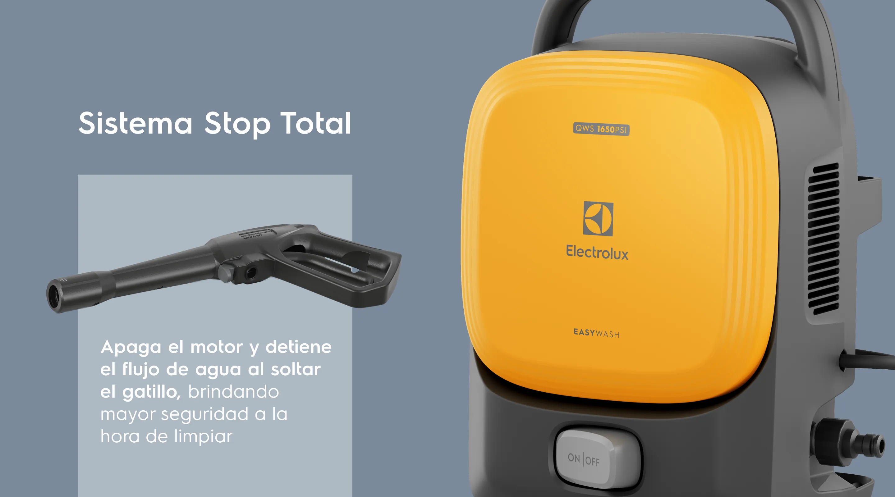 Sistema Stop Total - Apaga el motor y detiene el flujo de agua al soltar el gatillo, brindando mayor seguridad a la hora de limpiar