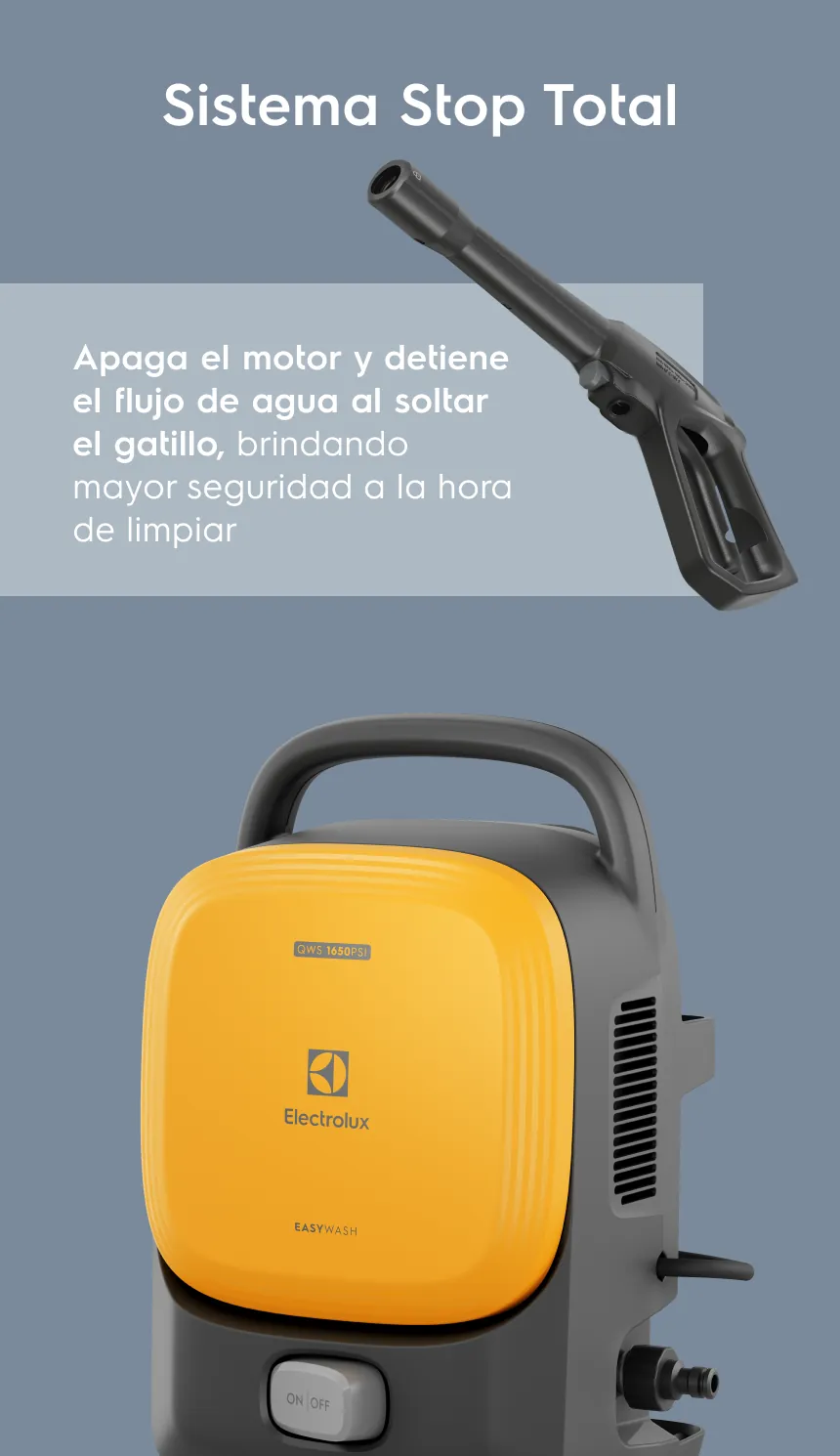 Sistema Stop Total - Apaga el motor y detiene el flujo de agua al soltar el gatillo, brindando mayor seguridad a la hora de limpiar