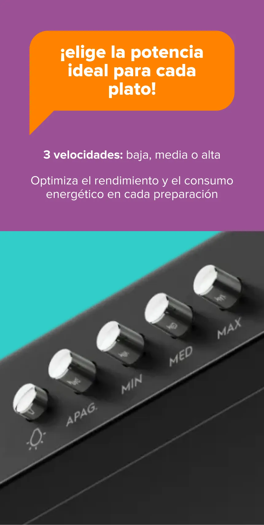 ¡elige la potencia ideal para cada plato! 3 velocidades: baja, media o alta Optimiza el rendimiento y el consumo energético en cada preparación
