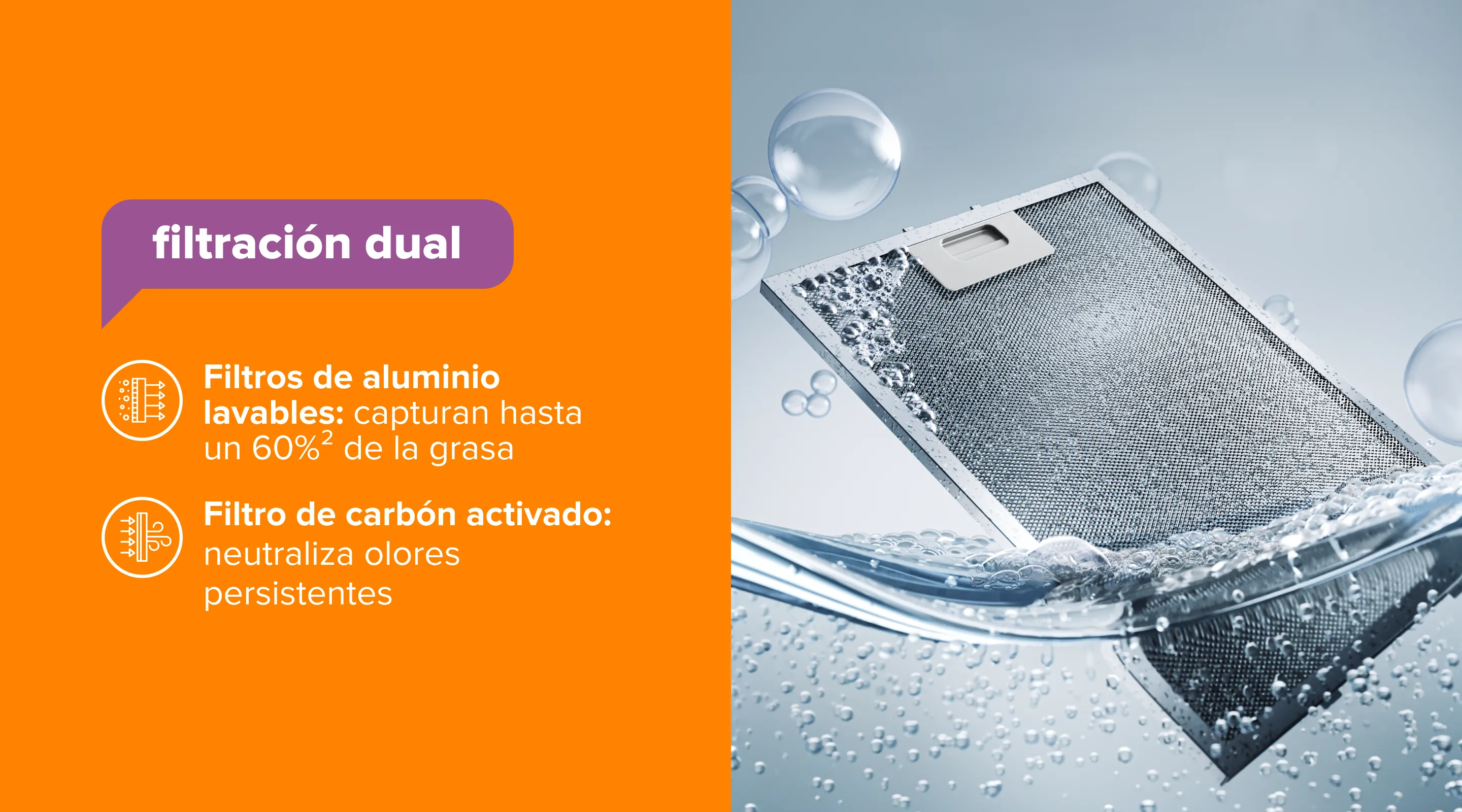filtración dual Filtros de aluminio lavables: capturan hasta un 60%2 de la grasa Filtro de carbón activado: neutraliza olores persistentes