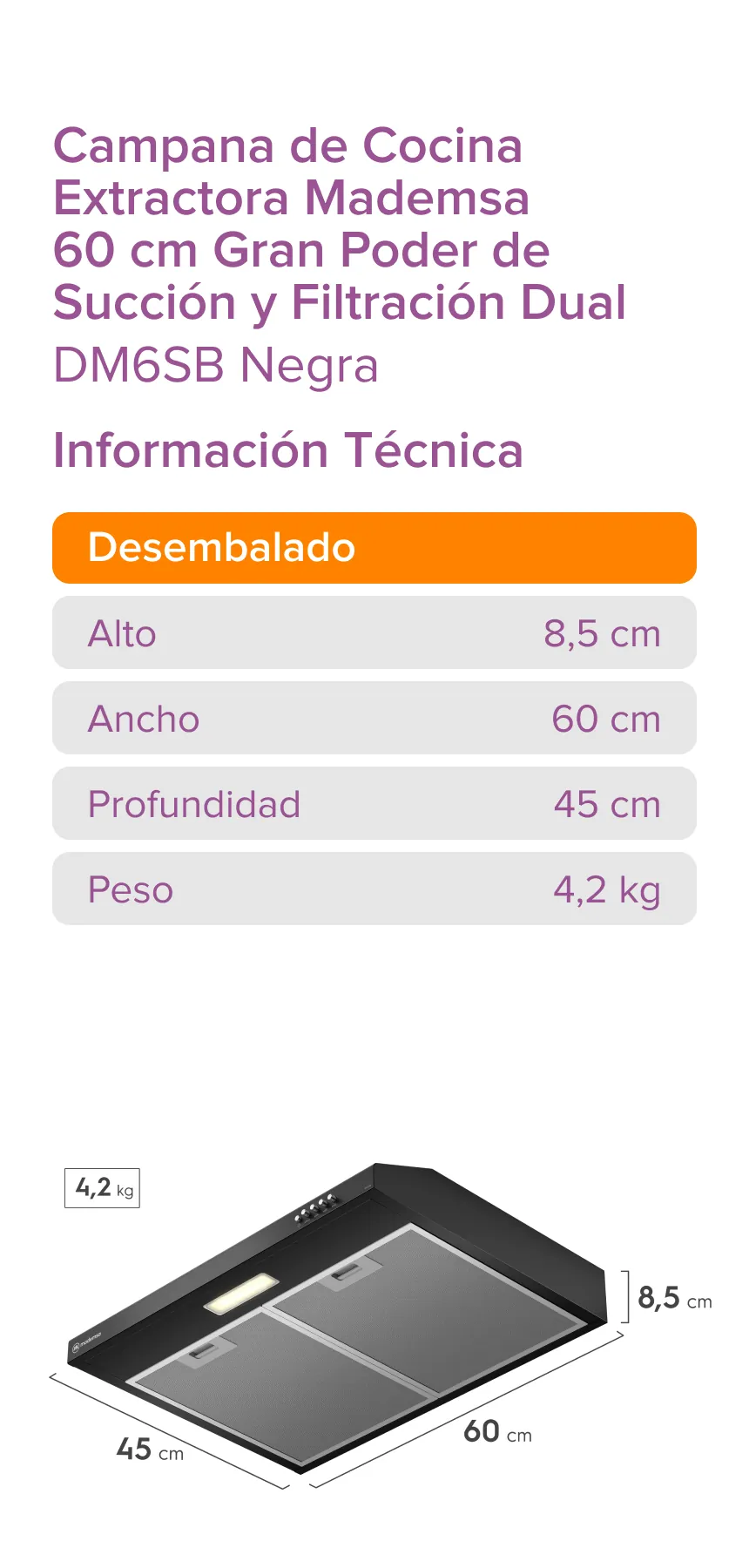 Campana de Cocina Extractora Mademsa 60 cm Gran Poder de Succión y Filtración Dual - DM6SB Negra