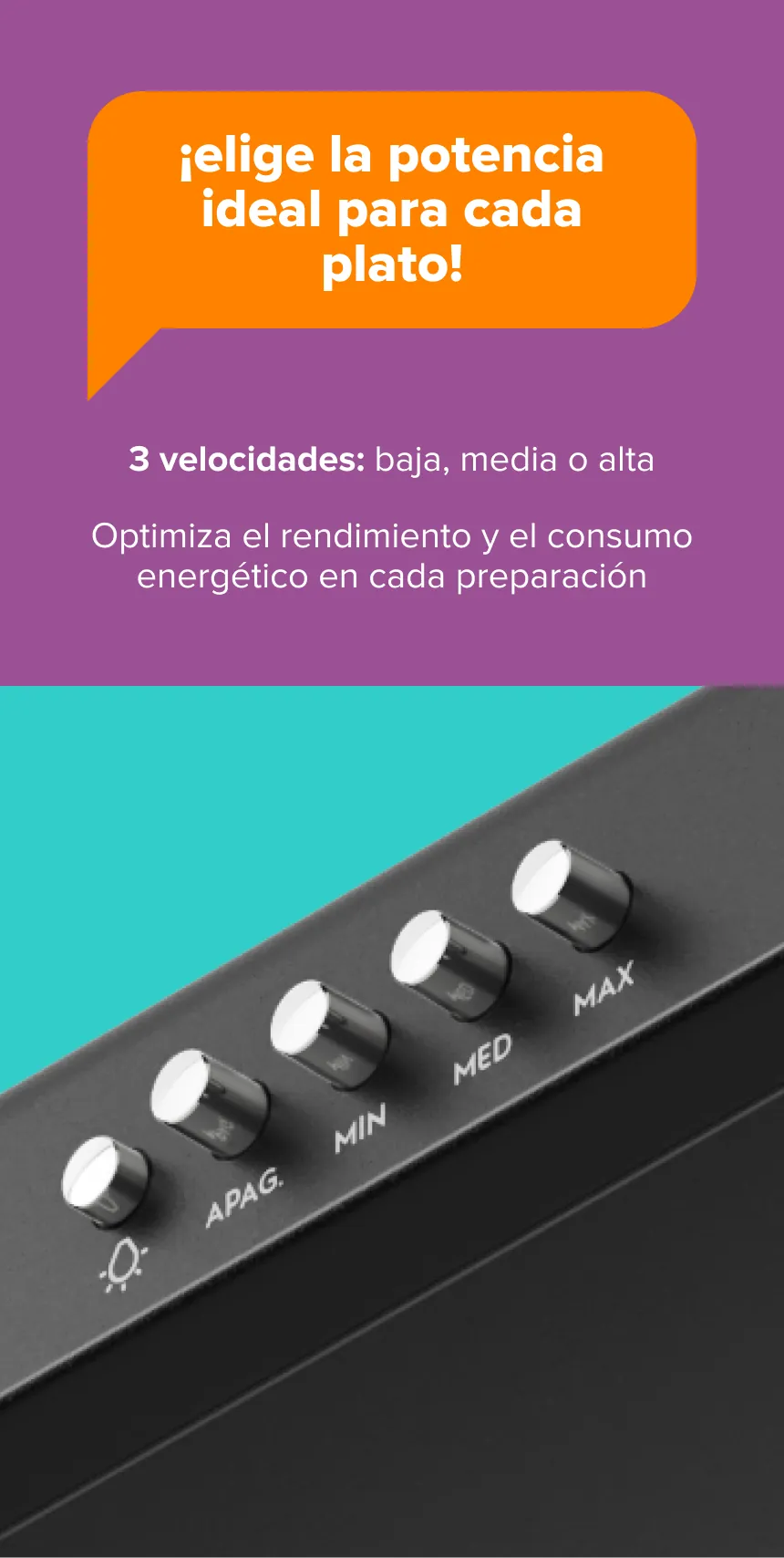 ¡elige la potencia ideal para cada plato! 3 velocidades: baja, media o alta Optimiza el rendimiento y el consumo energético en cada preparación