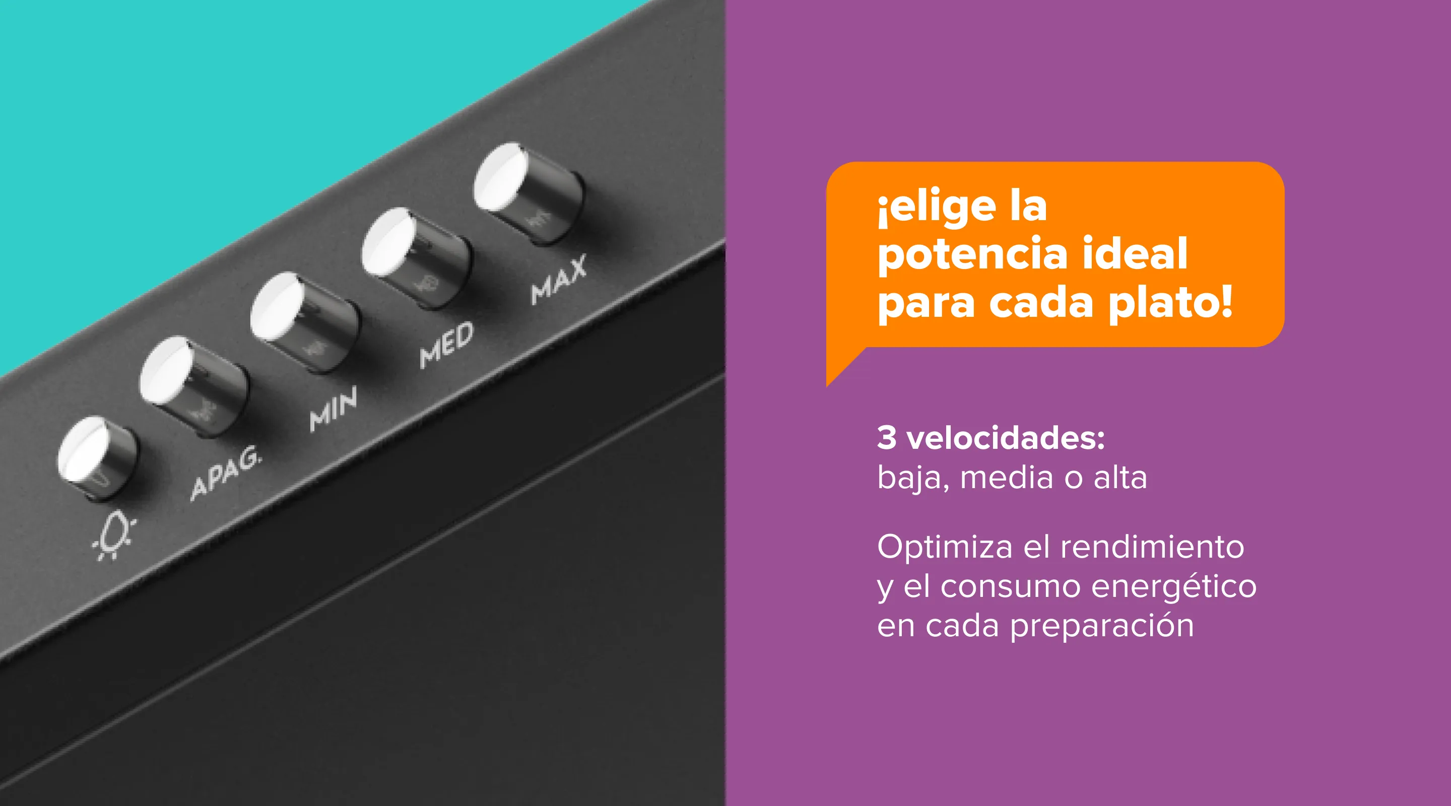 ¡elige la potencia ideal para cada plato! 3 velocidades: baja, media o alta Optimiza el rendimiento y el consumo energético en cada preparación