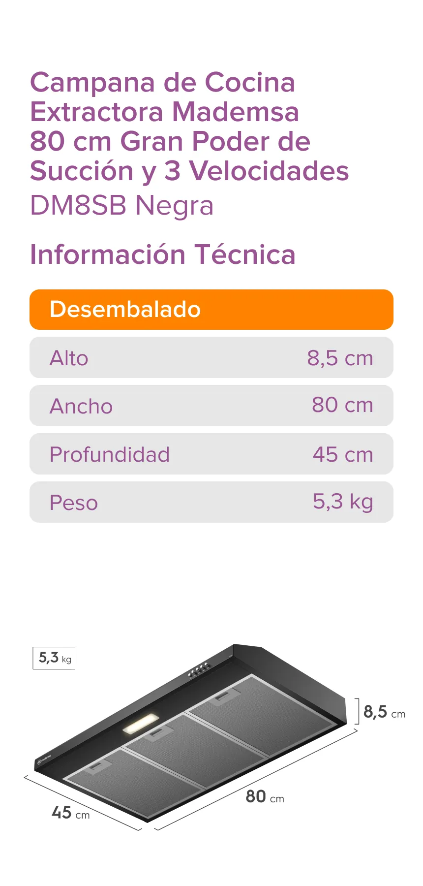 Campana de Cocina Extractora Mademsa 60 cm Gran Poder de Succión y Filtración Dual - DM8SB Negra
