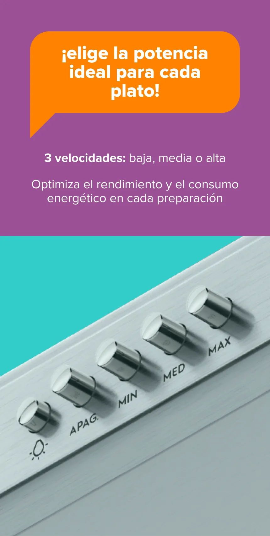 ¡elige la potencia ideal para cada plato! 3 velocidades: baja, media o alta Optimiza el rendimiento y el consumo energético en cada preparación
