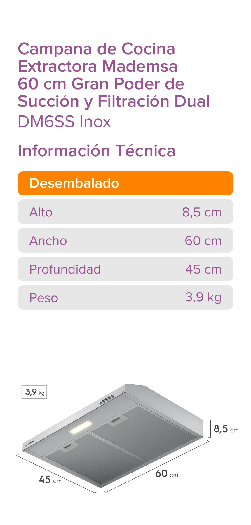 Campana de Cocina Extractora Mademsa 60 cm Gran Poder de Succión y Filtración Dual - DM6SS Inox