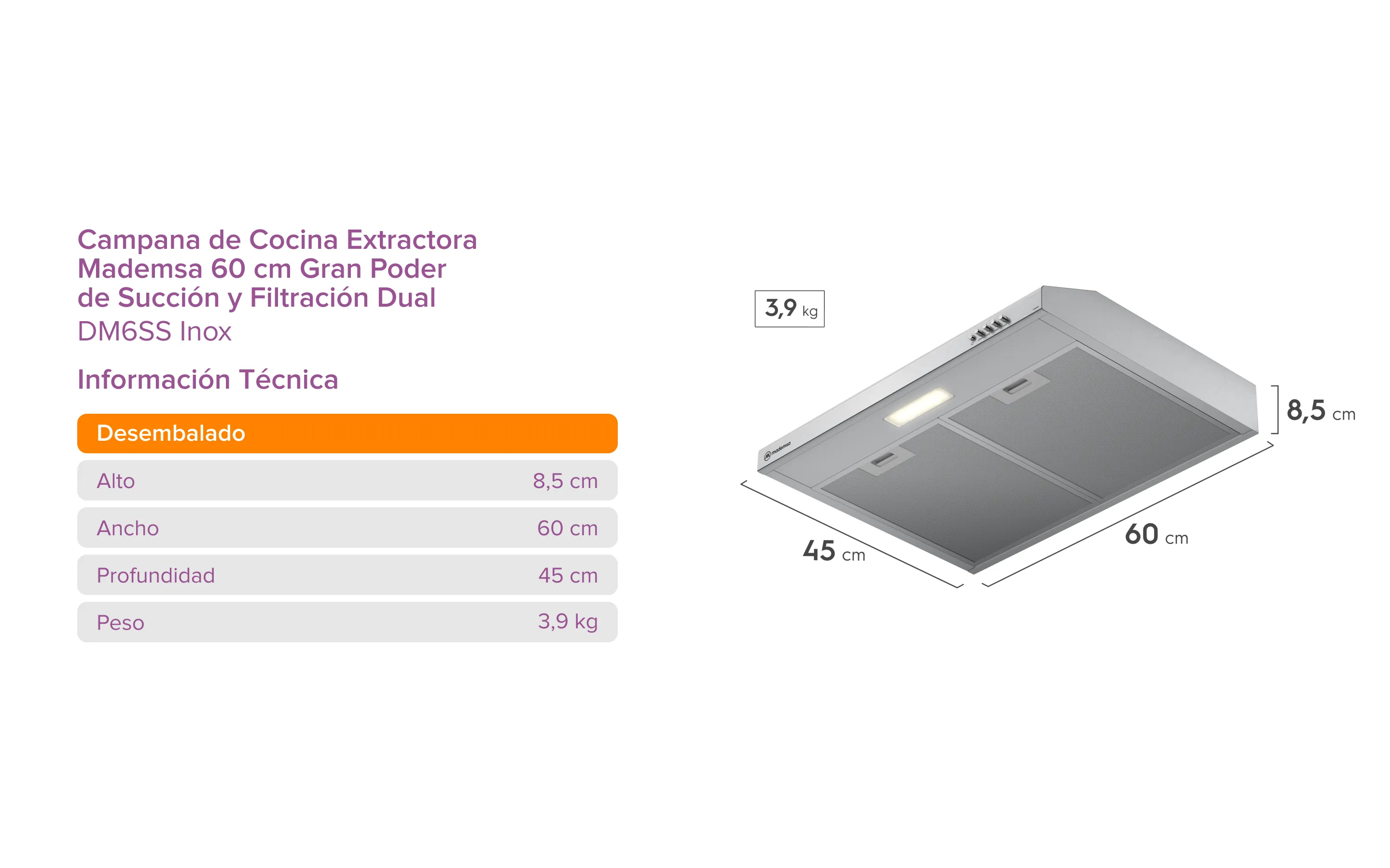 Campana de Cocina Extractora Mademsa 60 cm Gran Poder de Succión y Filtración Dual - DM6SS Inox