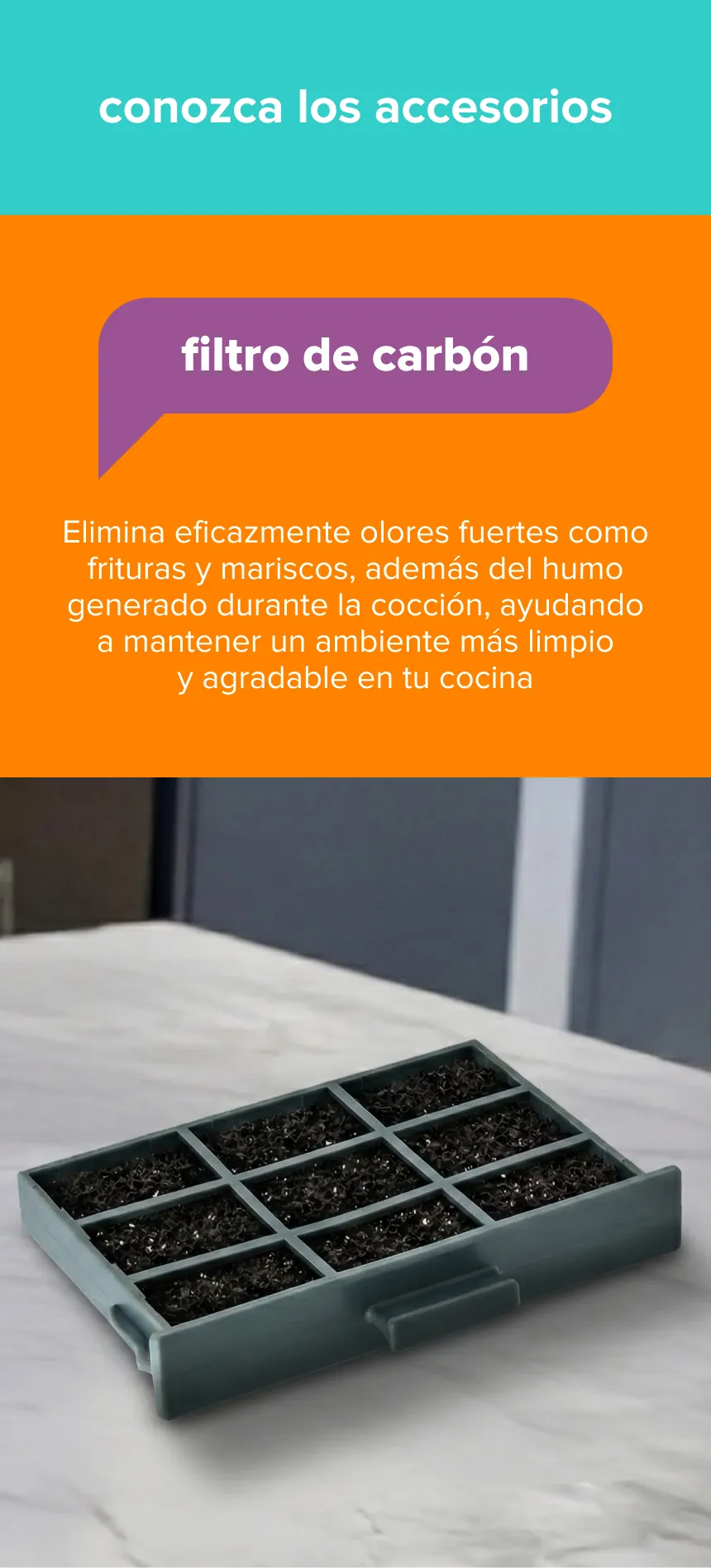 Conozca los accesorios - filtro de carbón - Elimina eficazmente olores fuertes como frituras y mariscos, además del humo generado durante la cocción, ayudando a mantener un ambiente más limpio y agradable en tu cocina