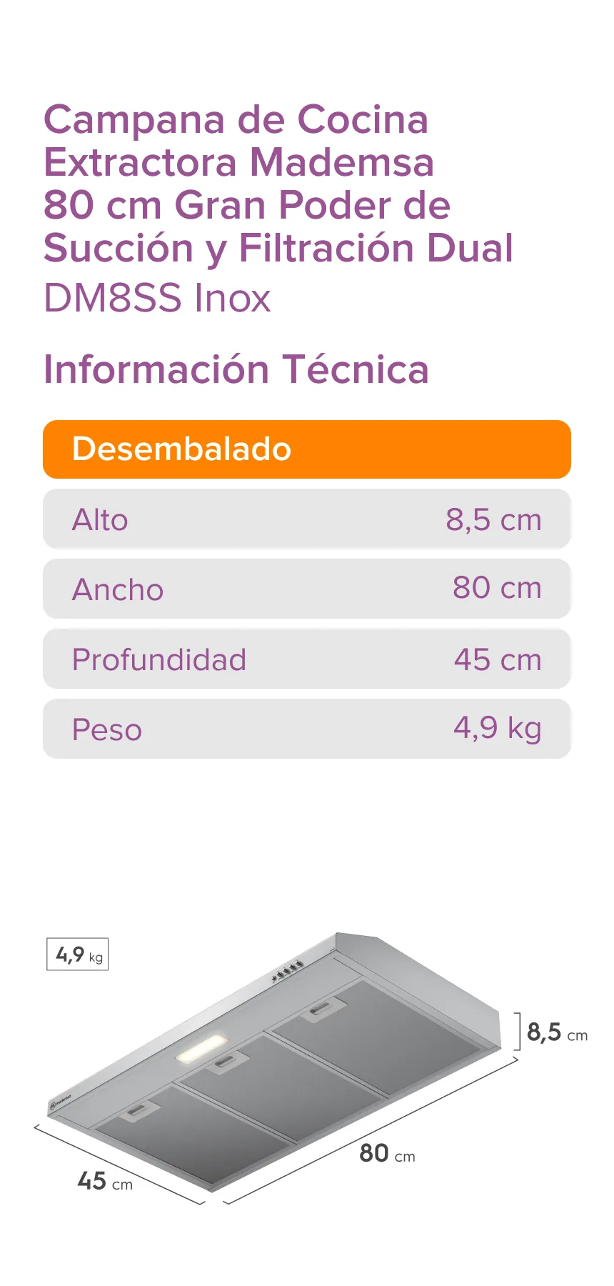 Campana de Cocina Extractora Mademsa 60 cm Gran Poder de Succión y Filtración Dual - DM8SS Inox