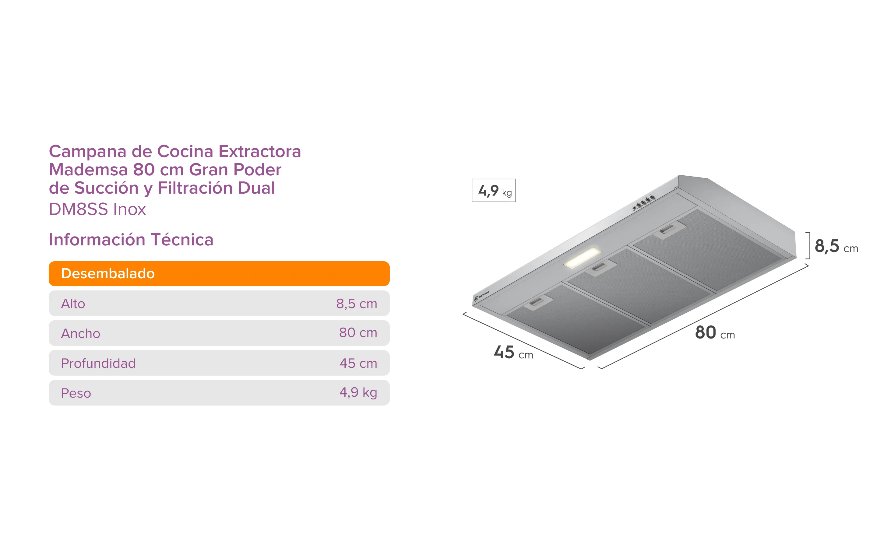 Campana de Cocina Extractora Mademsa 60 cm Gran Poder de Succión y Filtración Dual - DM8SS Inox